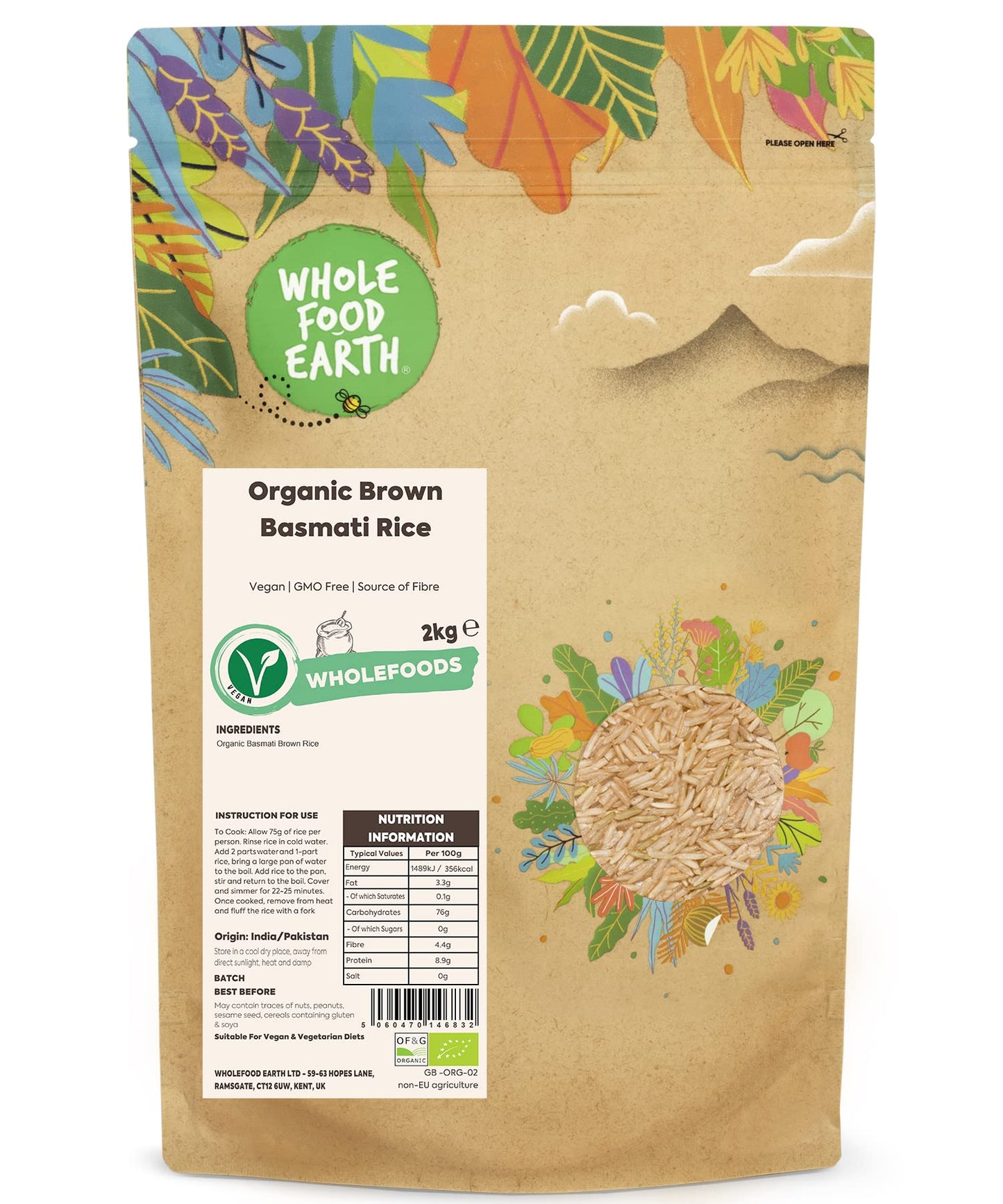 Wholefood Earth Organic Brown Basmati Rice 2kg Vegan | GMO Free | Source of Fibre | Certified Organic
