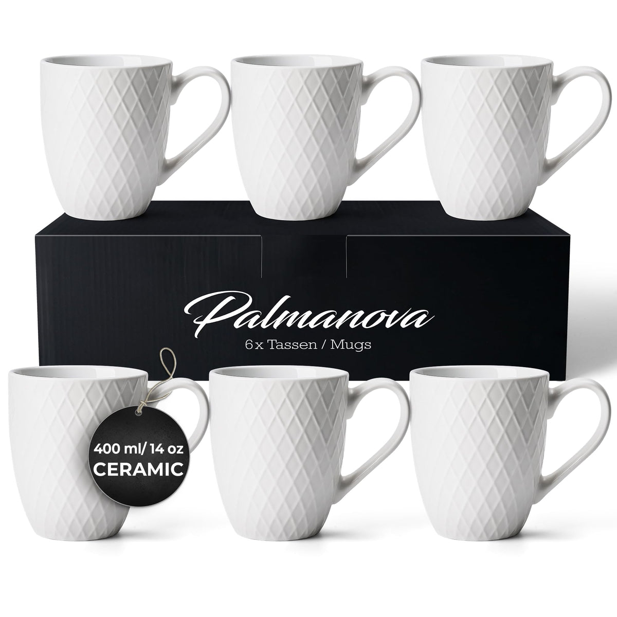 MIAMIO  6 x 400 ml  Coffee Mug Set/Mug - Modern Ceramic Mug Matt - Coffee Mug Large - Palmanova Collection (White)