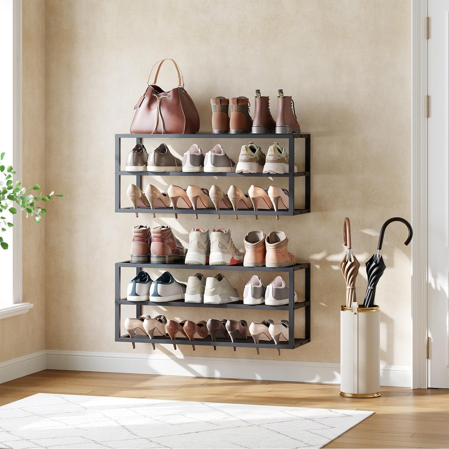 HOOBRO Wall Mounted Shoe Rack, 2-Pack Hanging Metal Shoe Storage Organizer, 3-Tier Vertical Shoe Holder, Metal Shoe Shelf for 18-24 Pairs, Entryway
