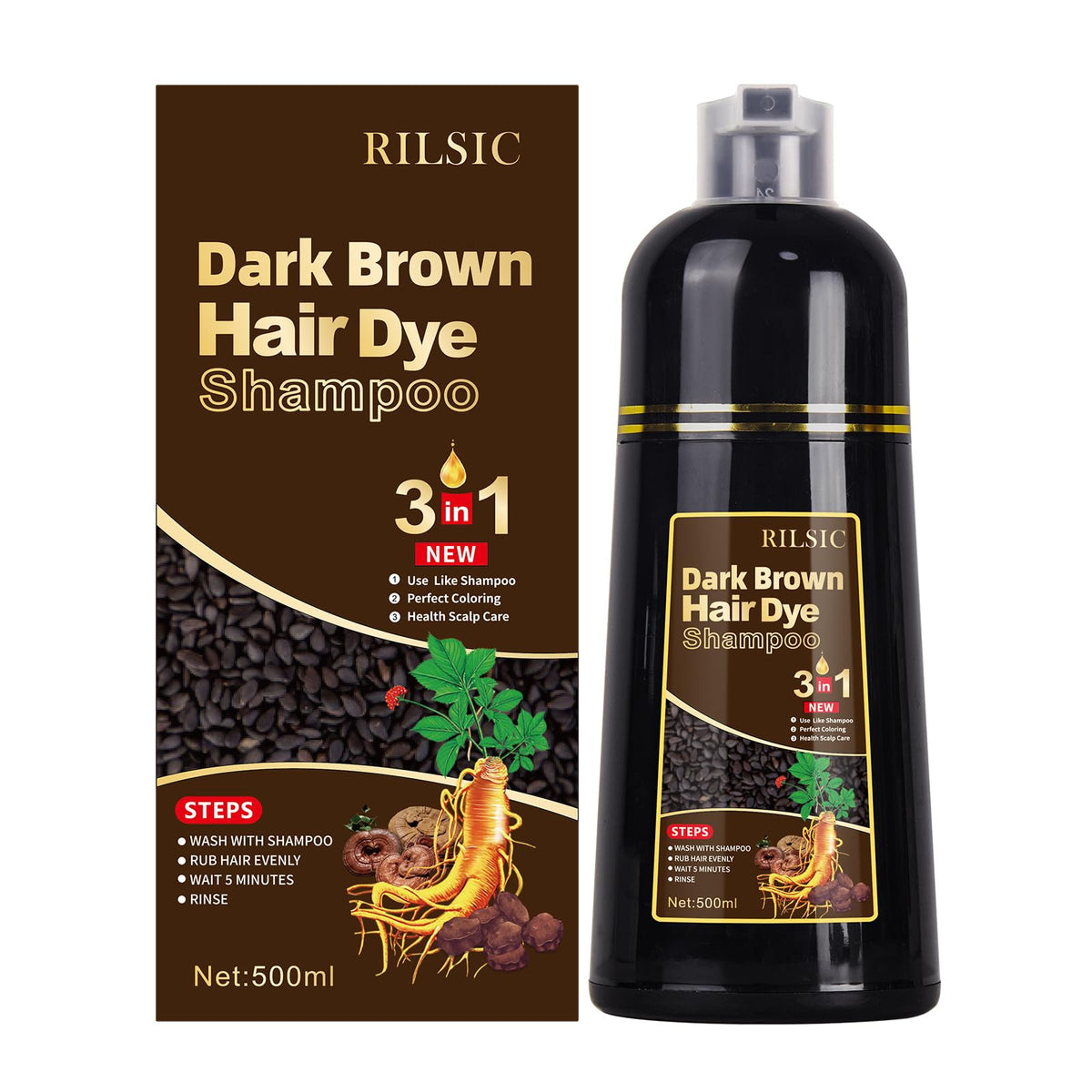 500ML Brown Hair Dye Shampoo for Grey Hair Beard Coverage, 3 in 1 Instant Colour Shampoo for Men&Women