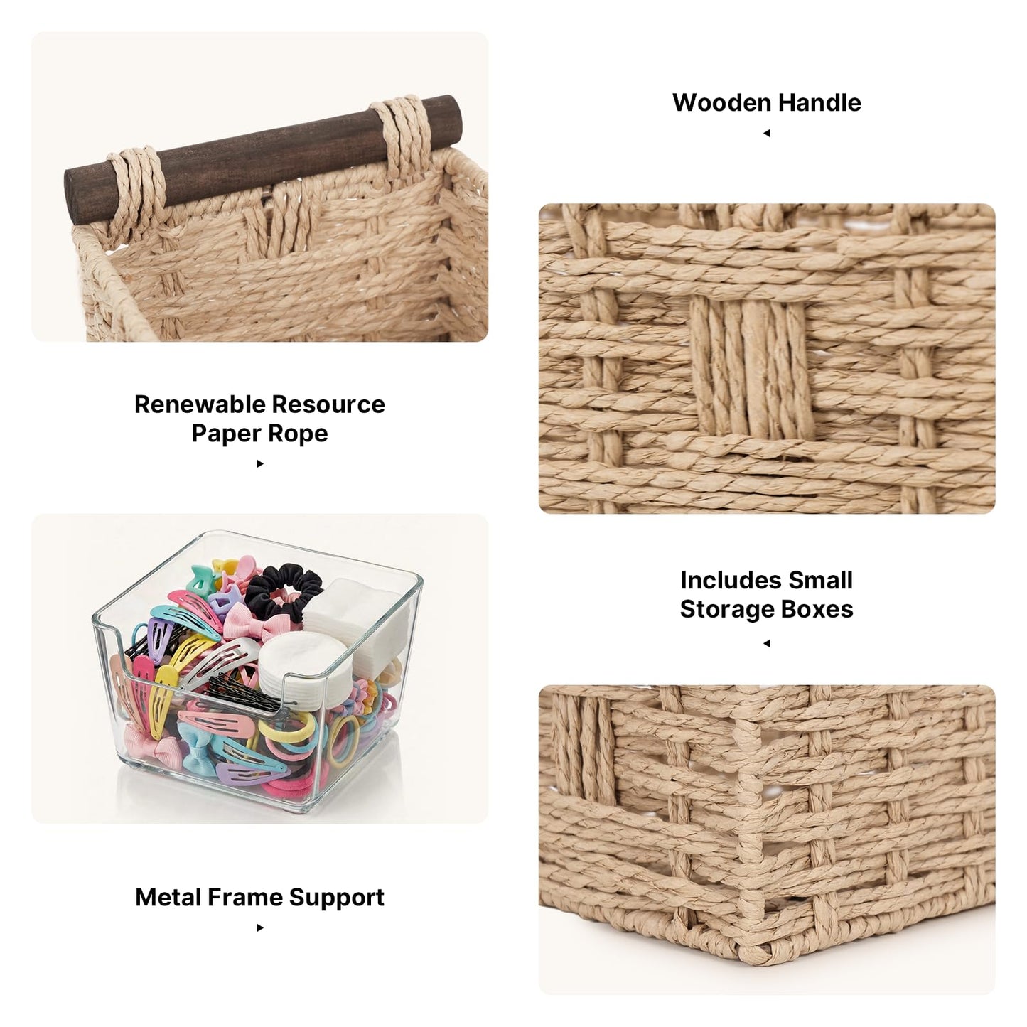 Paper Rope Storage Wicker Baskets for Toilet Tank Top with Wooden Handle Small Decorative Organizer Bin Rectangular Tray for Countertop Shelf Beige
