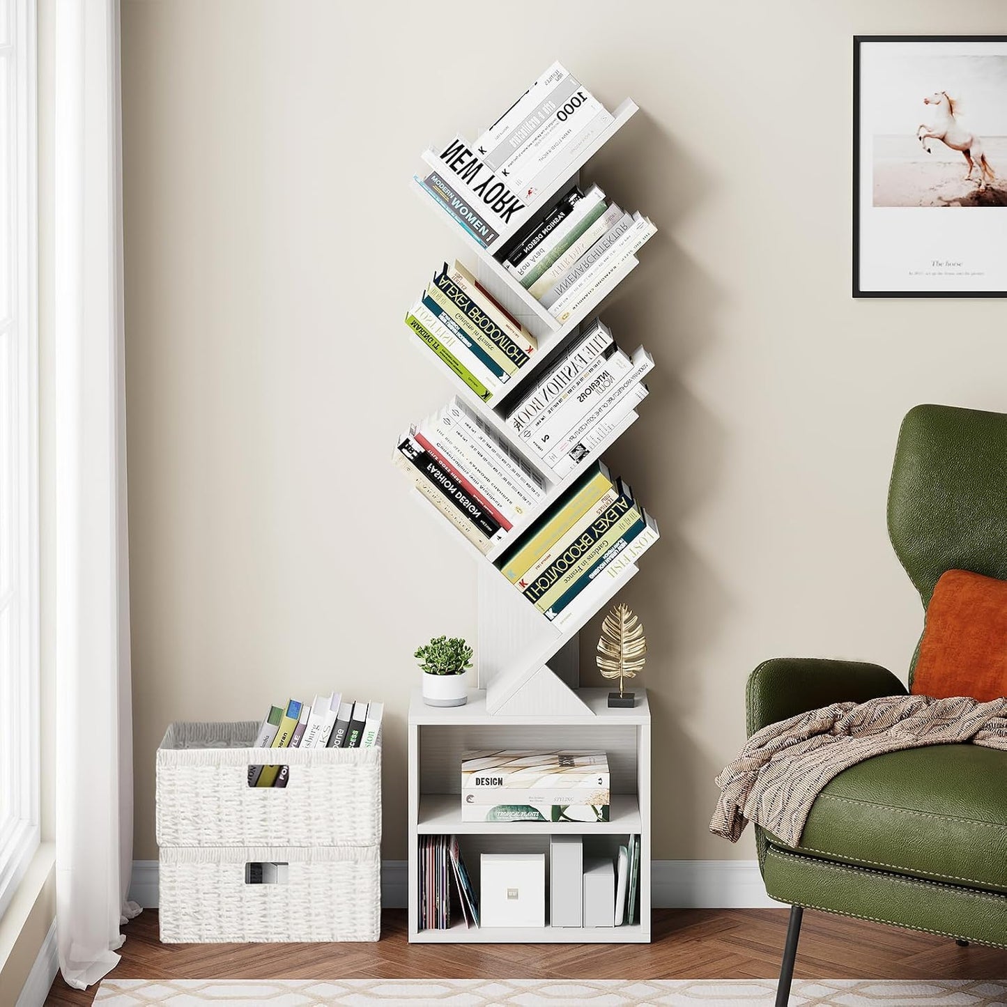 Vagusicc 6 Tier Tree Bookshelf, Modern Floor Standing Bookcase with Storage Drawer, Space Saving Storage Organizer Book Shelves for Books