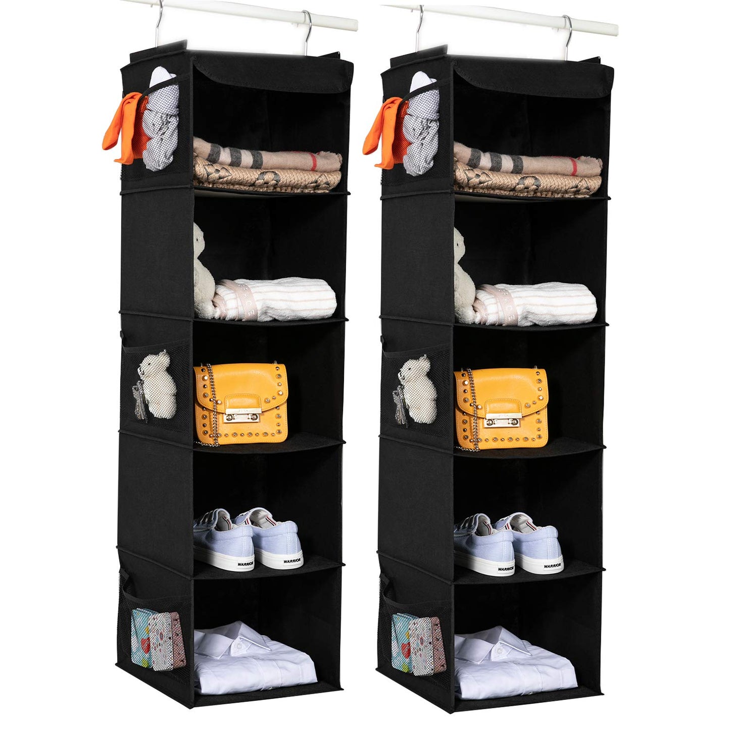 BrilliantJo Hanging Storage with 5 Shelves Set of 2 Wardrobe Closet Organiser, Storage Shelves Unit with 6 Pockets for Clothes