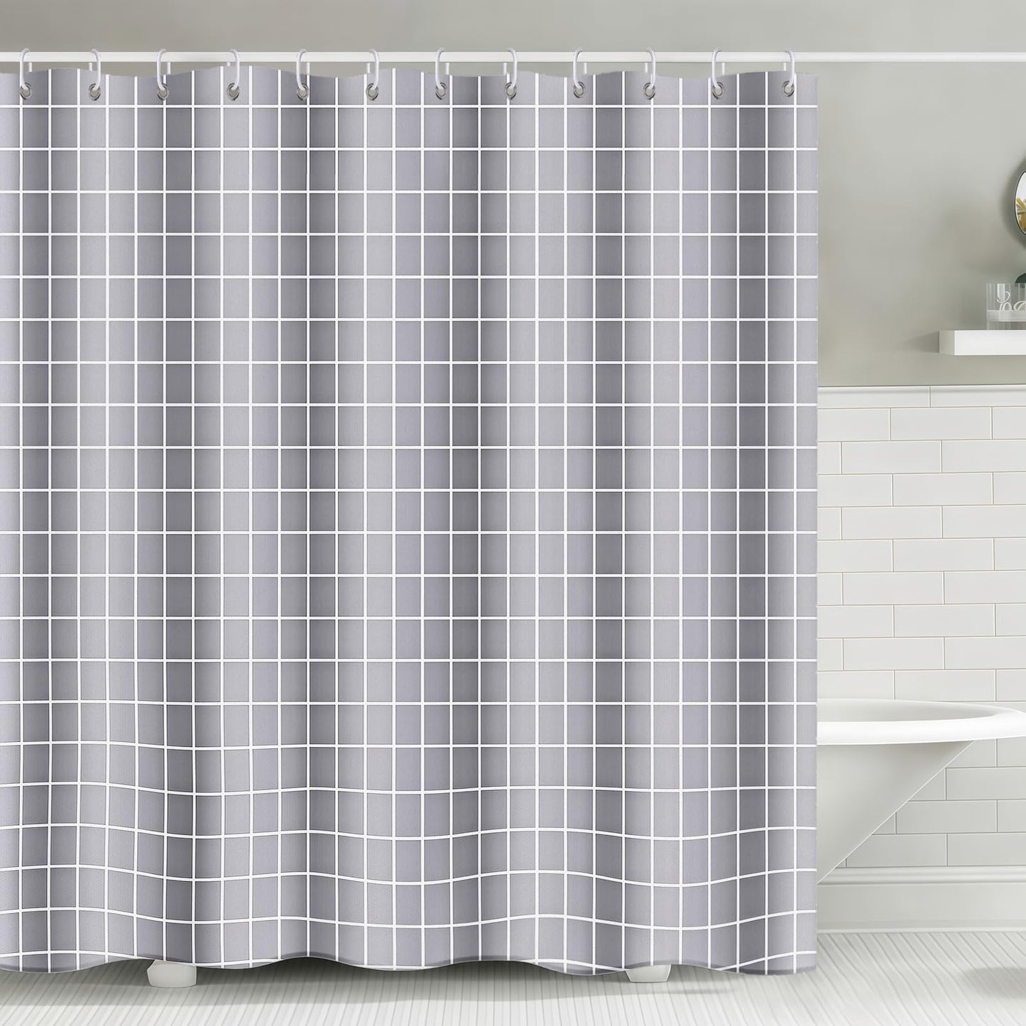 FAVORTALK Shower Curtain Grey Checkered Waterproof 180x180 cm Polyester Bathroom Curtain Grid Thick Duty Bath Curtains with 12 Hooks Resistant