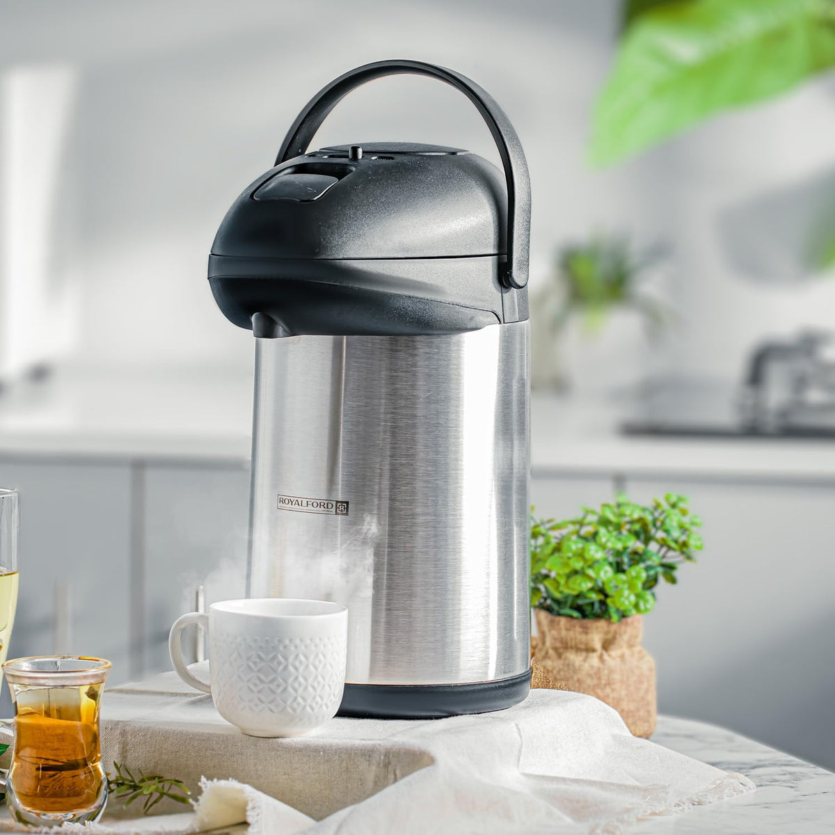 Royalford 5L Stainless Steel Airpot Insulated Vacuum Thermal Flask Jug | Pump Action Airpot Thermal Coffee Flask | Ideal for Hot & Cold Drinks Soup |