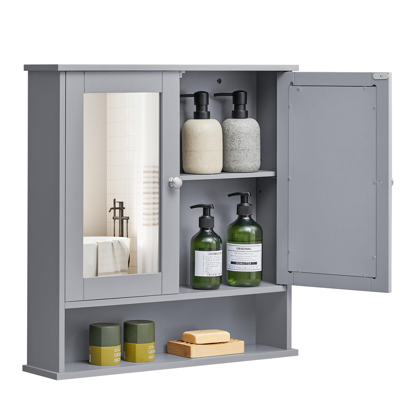 VASAGLE Bathroom Cabinet with Mirror, Wall Cabinet with 2 Mirrored Doors and Open Compartment, Adjustable Shelf, Wall-Mounted, 13 x 56.5 x 58.5 cm,