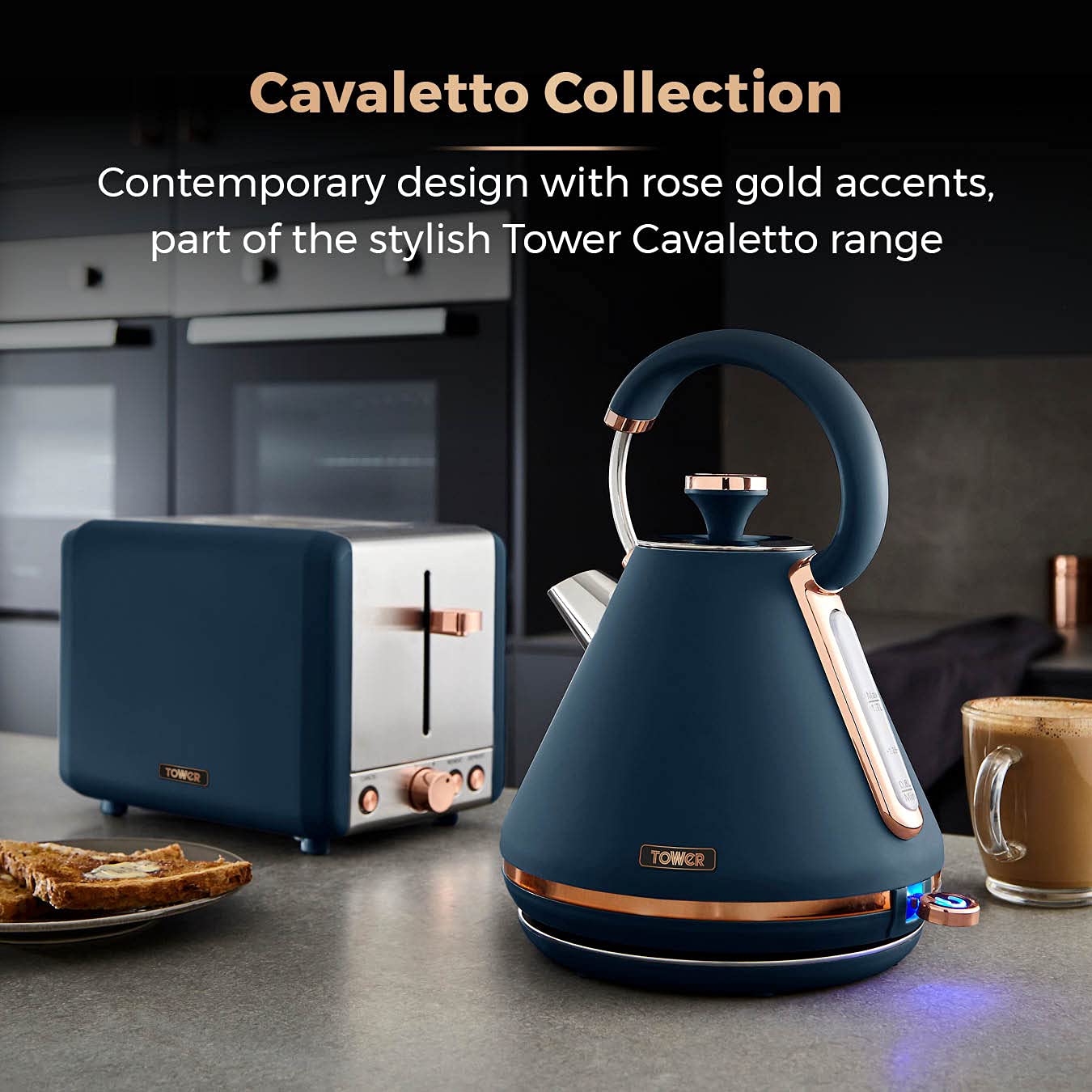 Tower T20036MNB Cavaletto 2-Slice Toaster with Defrost/Reheat, Stainless Steel, 850W, Midnight Blue and Rose Gold