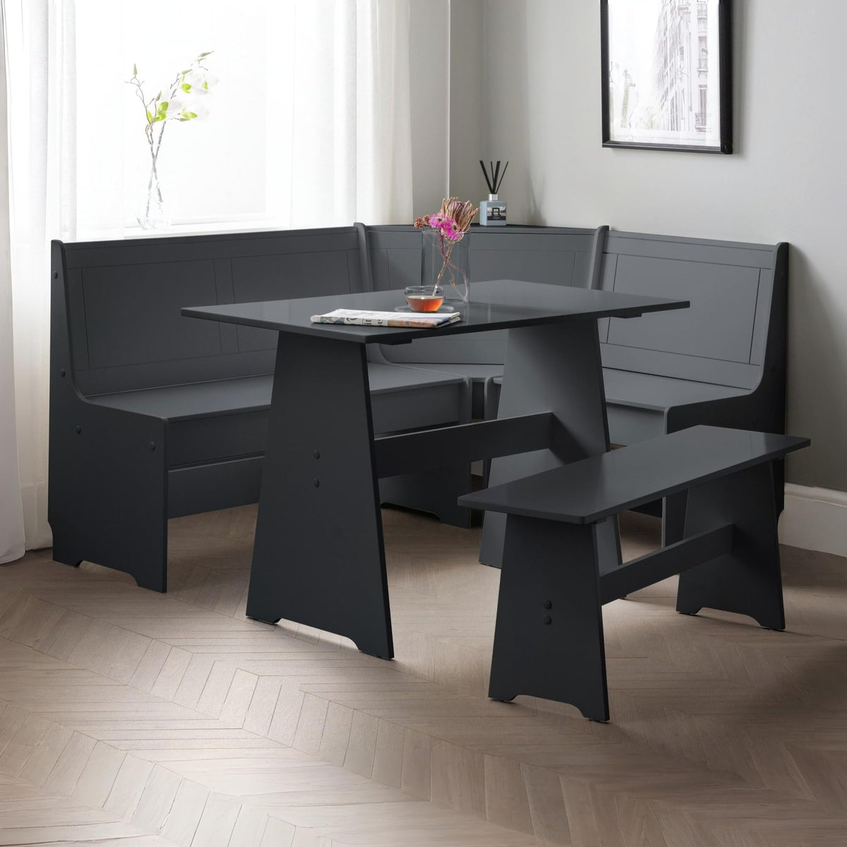 Julian Bowen Newport Corner Dining Set with Bench, Dark Grey - W158 xD120cm