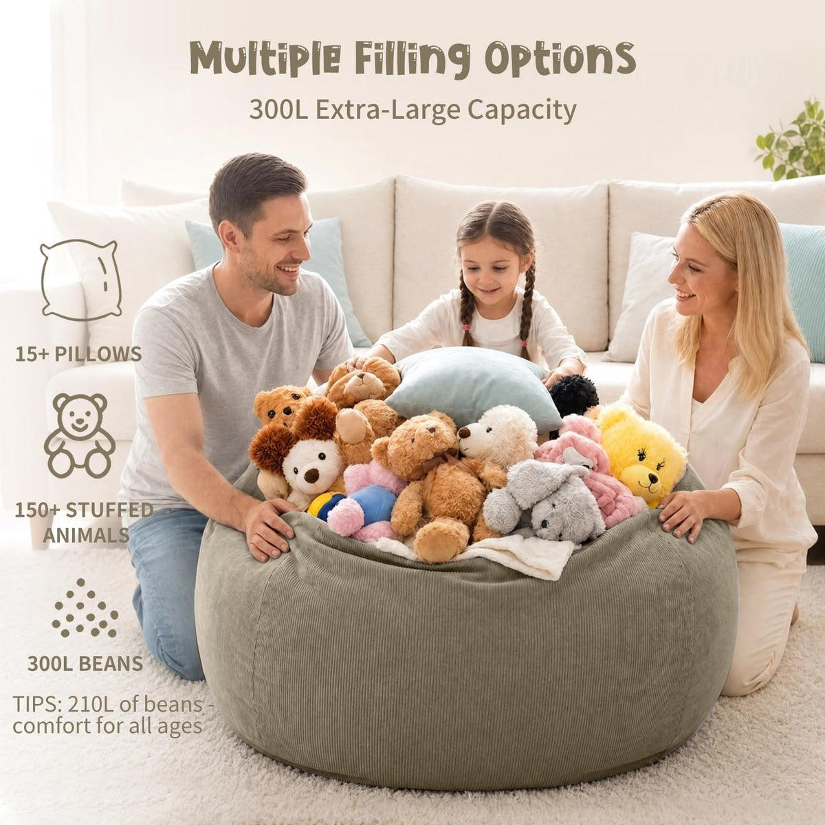 Nobildonna 3 ft Bean Bag Chair Cover (No Filler) for Adults and Kids 300L Extra Large Stuffed Animal Storage Bean Bag Washable Soft Premium Corduroy
