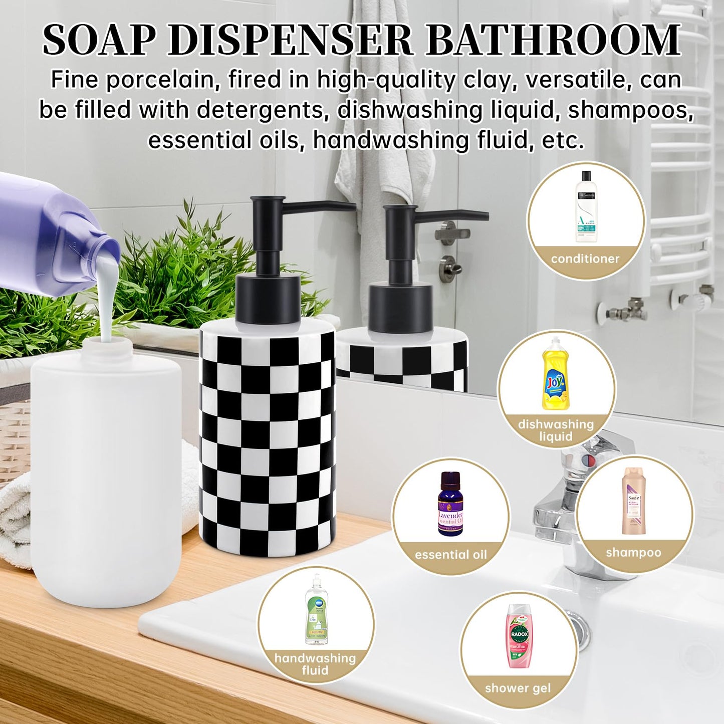 Soap Dispenser with Matte Black Pump, Ceramic Soap Dispenser Bathroom, Checkerboard Dish Soap Lotion Dispenser for Kitchen Sink