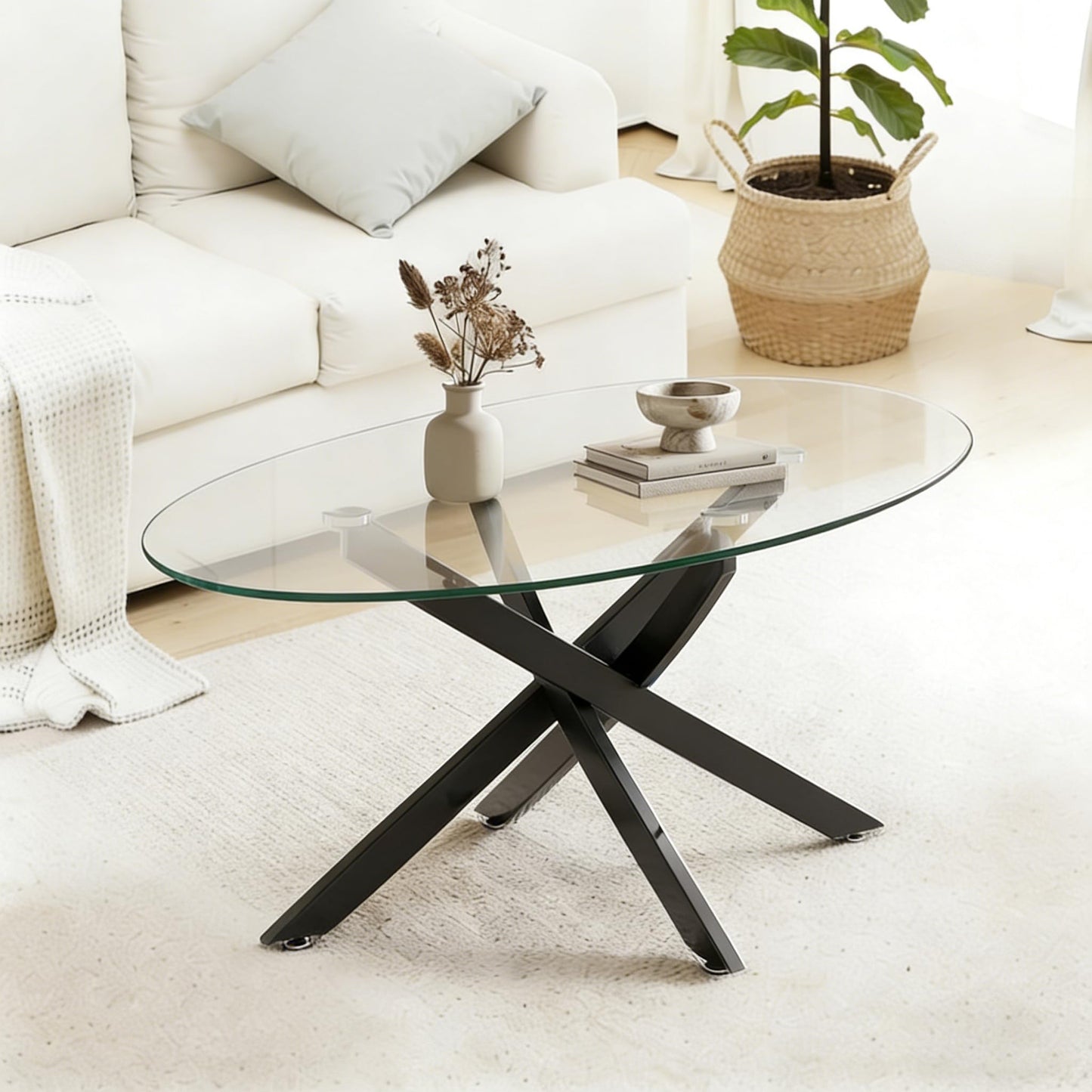 NIERN Glass Coffee Table Oval with Black Metal Legs, 100cm Glass Top, Modern Contemporary Design (Black)