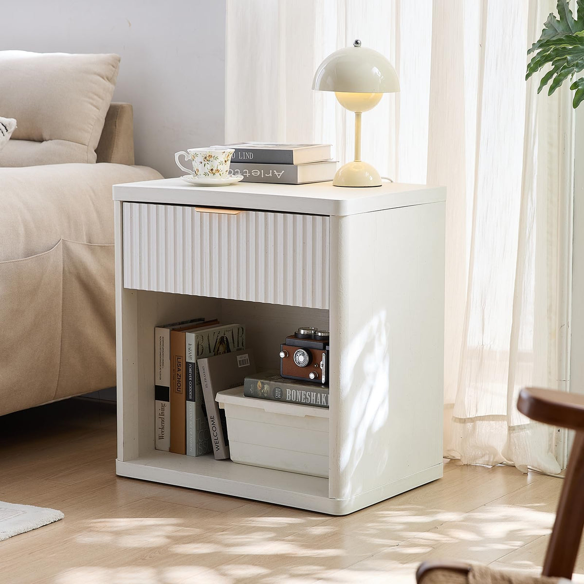 LELELINKY 23" Fluted Nightstand, Wide 1 Drawers End Table,Natural Night Stand with Open Storage Cabinet, Farmhouse Bed Side Tables, Wood Dresser for