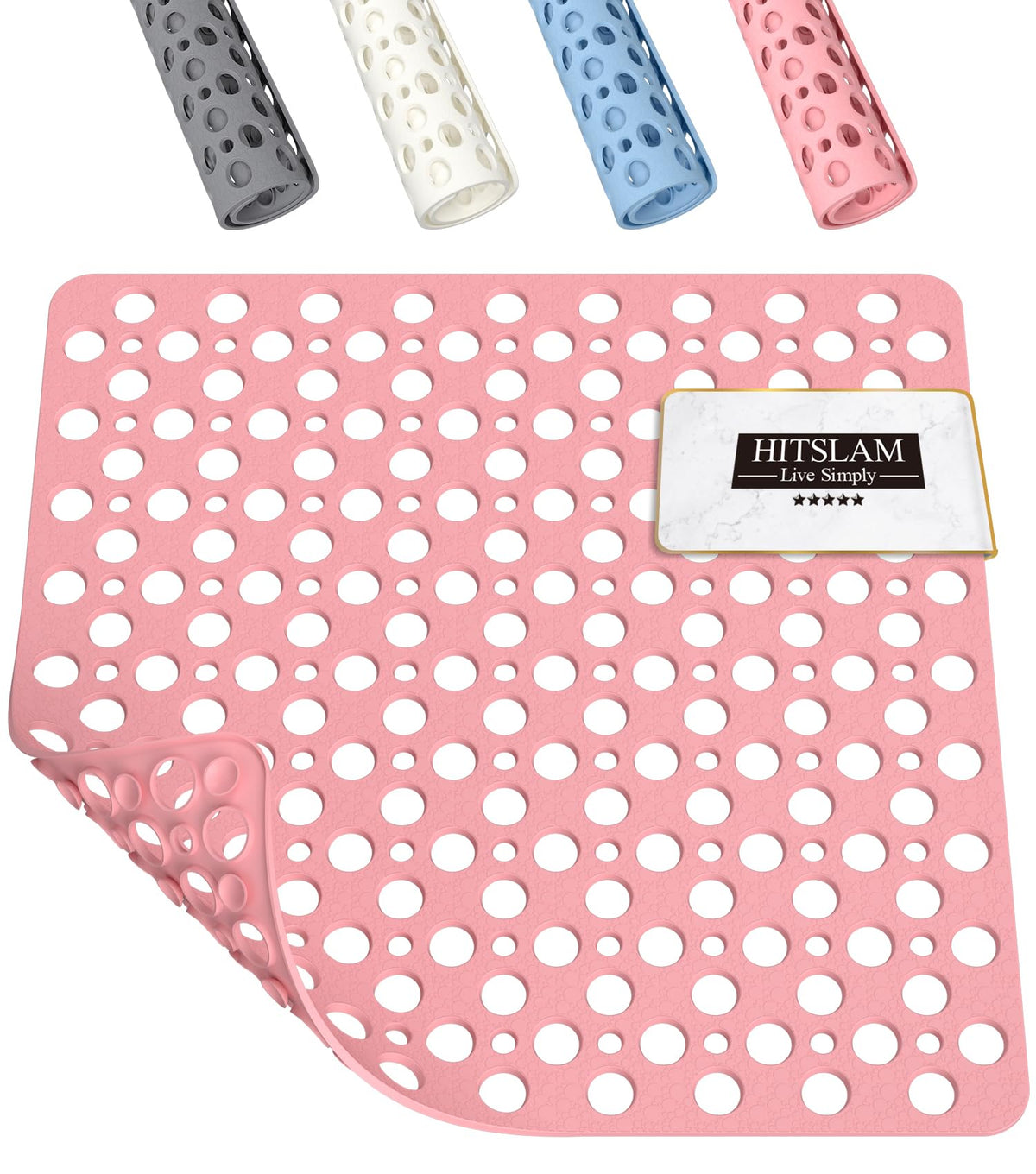 HITSLAM Square Shower Mat Non Slip Anti Mould, 53 x 53 cm Rubber Bath Mat for Tub Anti Slip, Bathroom Anti Slip Shower Mat With Suction Cups and Drain