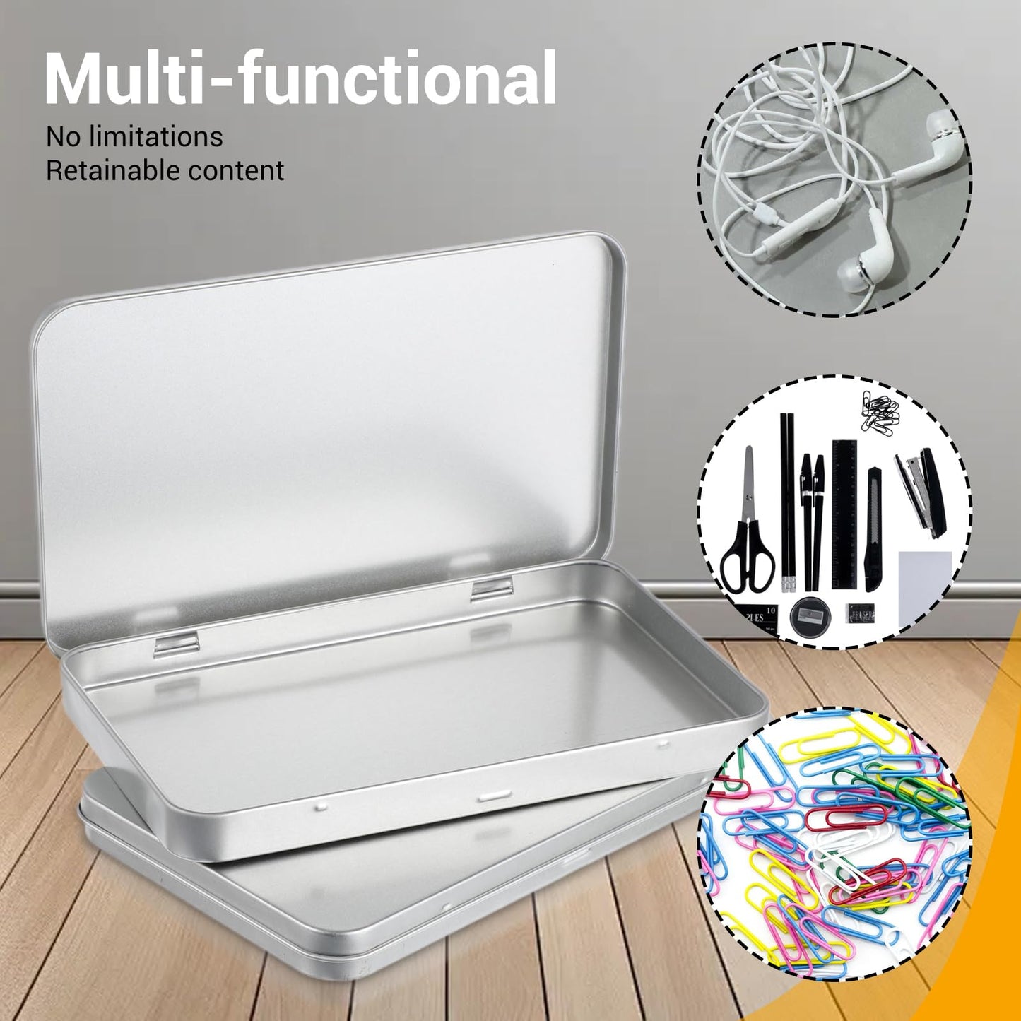 2 Pack Rectangular Metal Tin Box with Lid Metal Tins With Hinged Lid Portable Empty Box Container Storage Small Silver Storage Tin Case for