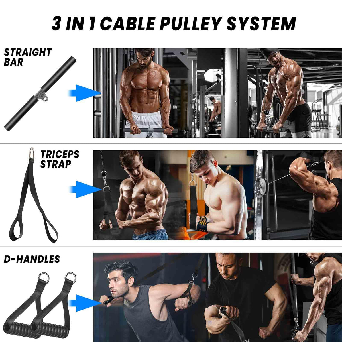 Lyndwin Cable Pulley System Home Gym, 3 in 1 Weight Cable Pulley System with Tricep Rope Straight Bar, Home Gym Machine Equipment for Triceps Biceps