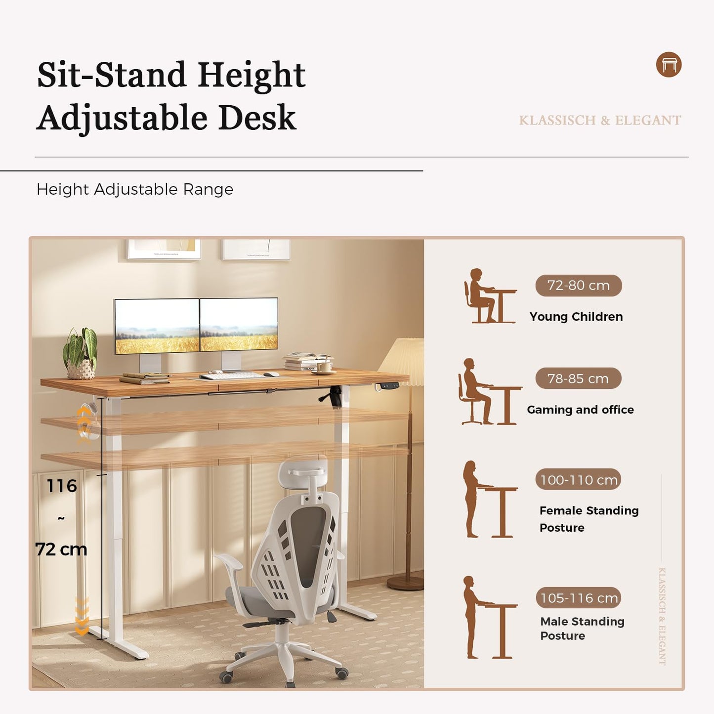 Klicelor Electric Standing Desk, 2 Memory Buttons for stand & sit, 150x60