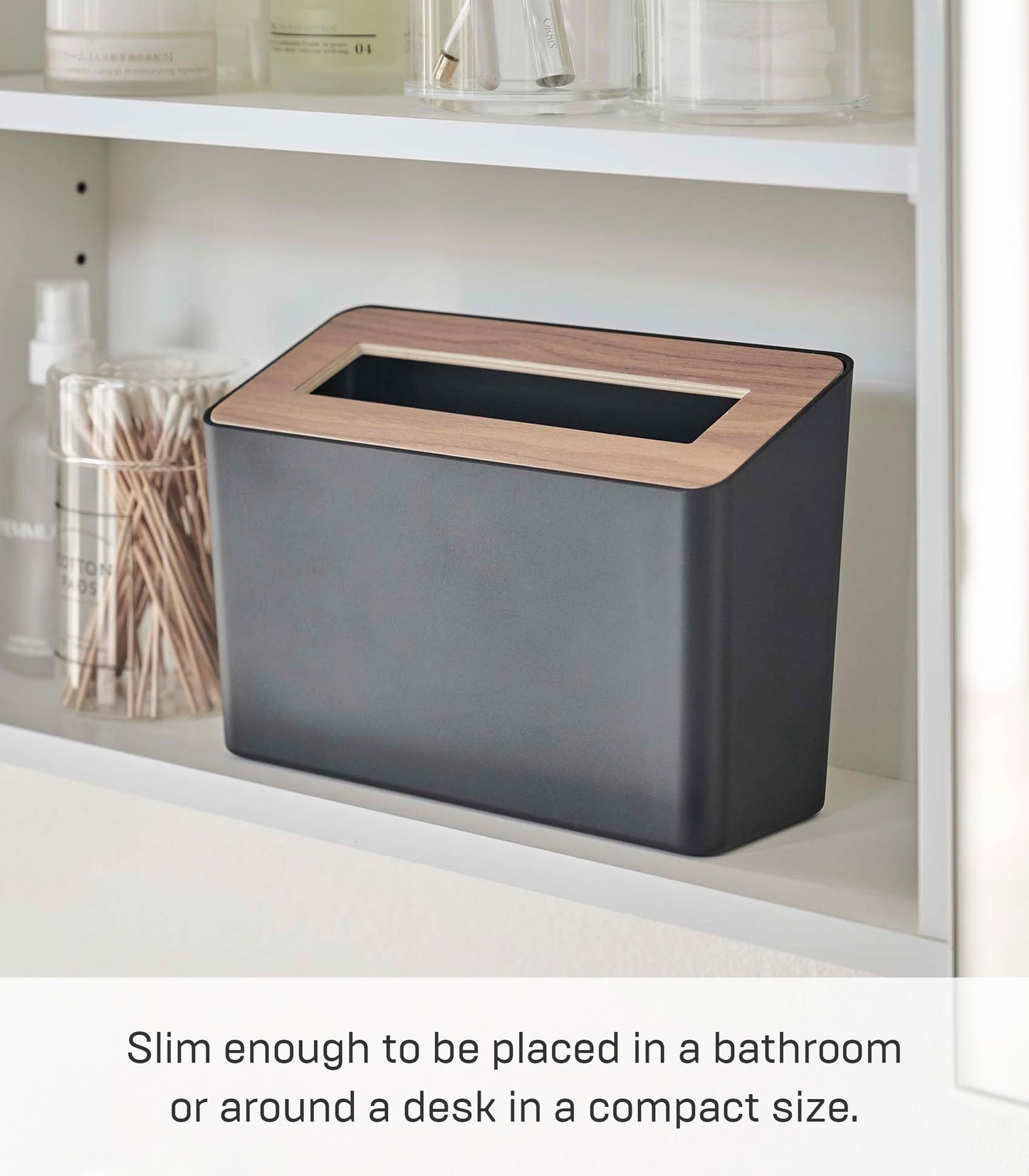 YAMAZAKI 5230 RIN Table Trash Can, black, ABS Resin/Wood, Minimalist, 22 x 9 x 15.5 cm