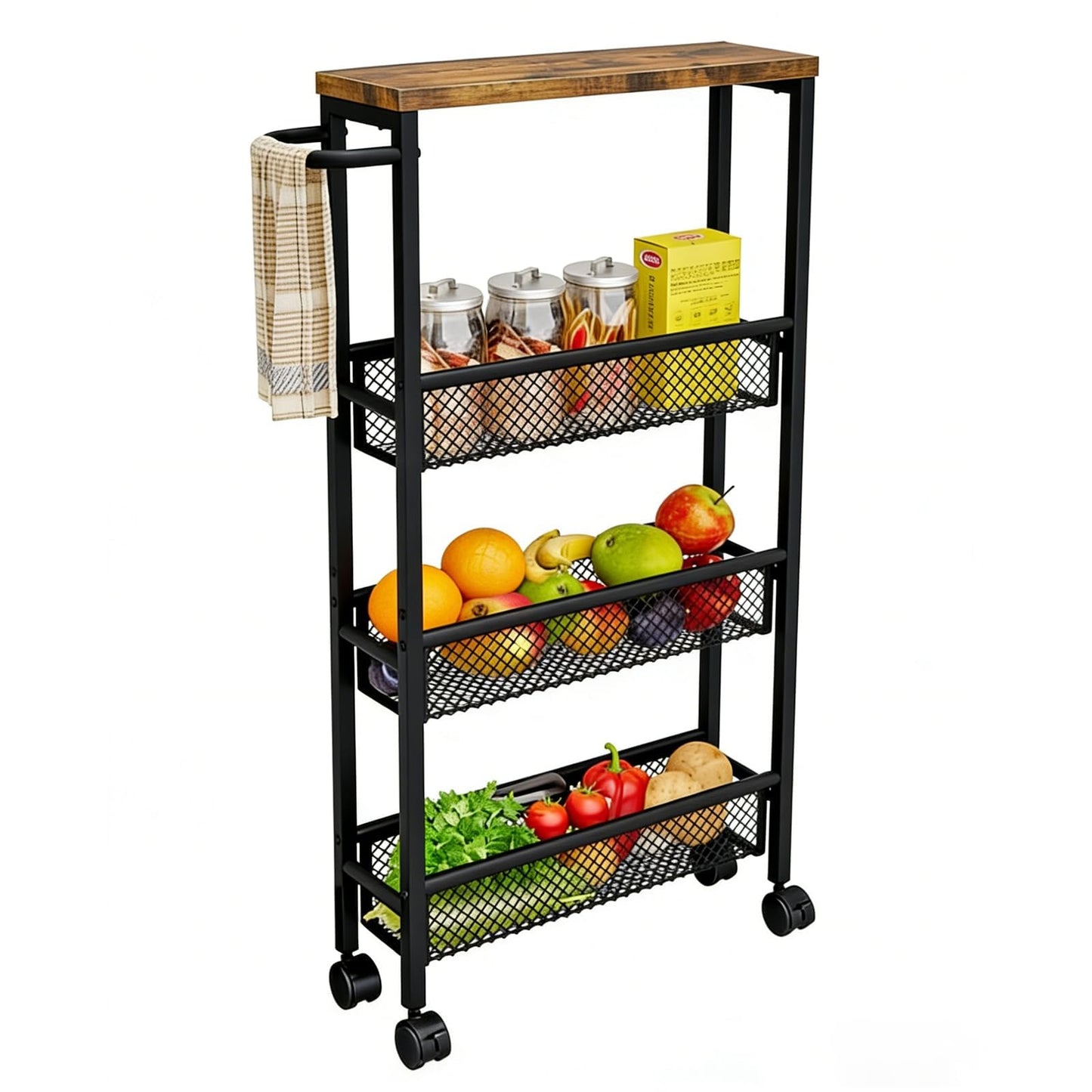 Dazioter Slim Rolling Cart 4 Tier Narrow Storage Cart on Wheels with MDF Board Top and Metal Handle for Small Space Kitchen Living Room Home Office