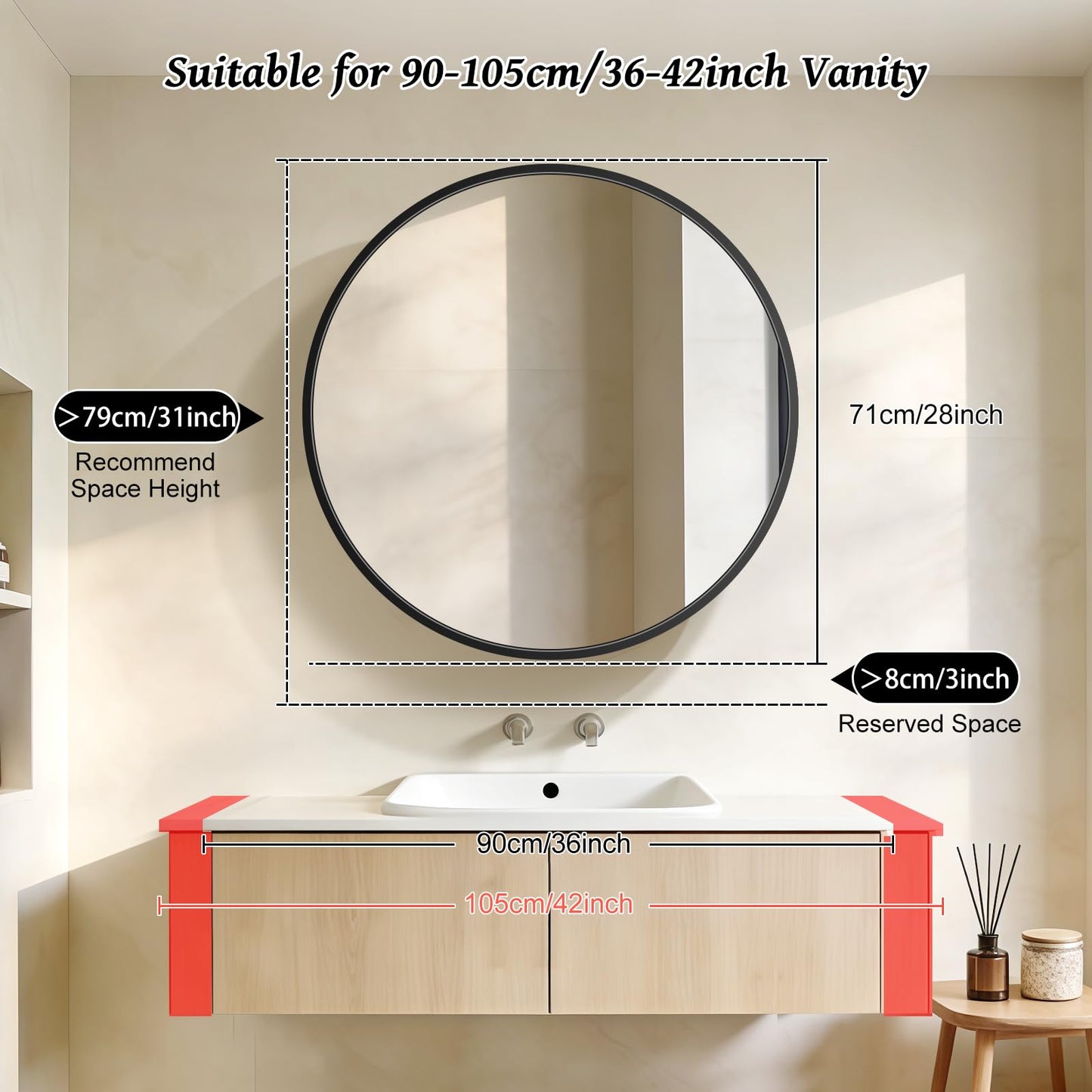 Janboe Round Mirror Cabinet,Aluminum Framed,Soft Close Hinge,71cm,Black