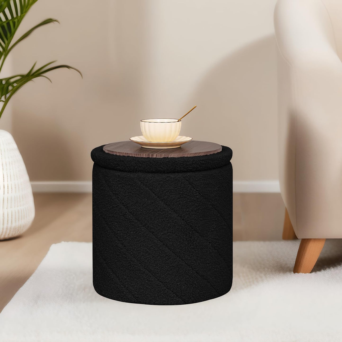PINPLUS Round Ottoman Storage Box, Folding Stool, Black, 33x33x35 cm