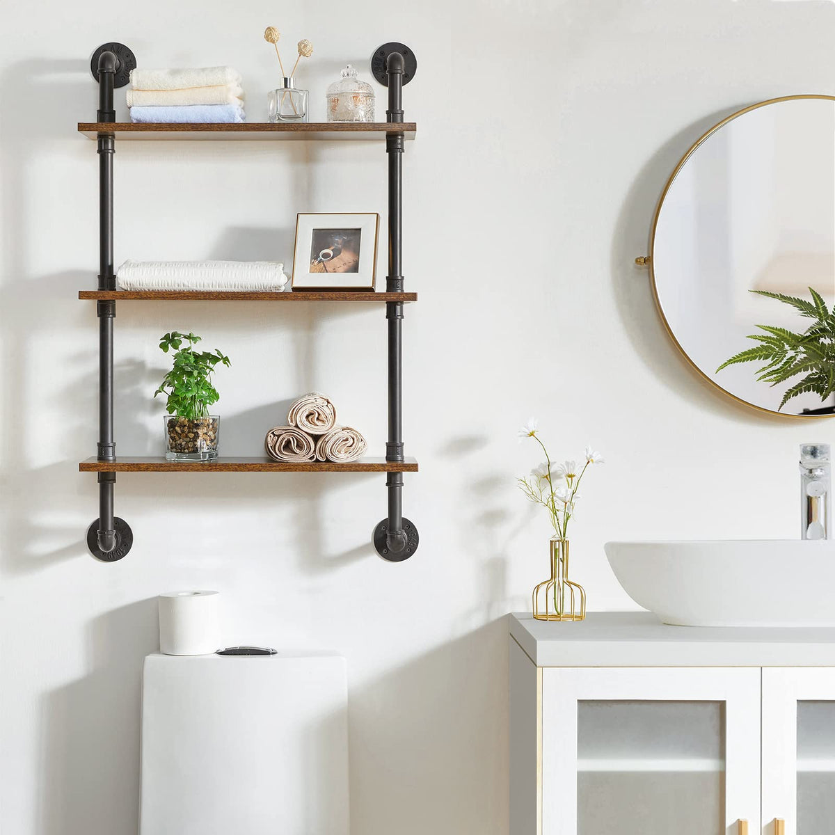 YMYNY 3-Tier Industrial Pipe Wall Mount Shelves, Rustic Storage Shelves, Floating Shelves, Wall Mount Bookshelf, Kitchen Spice Rack, for Bedroom,