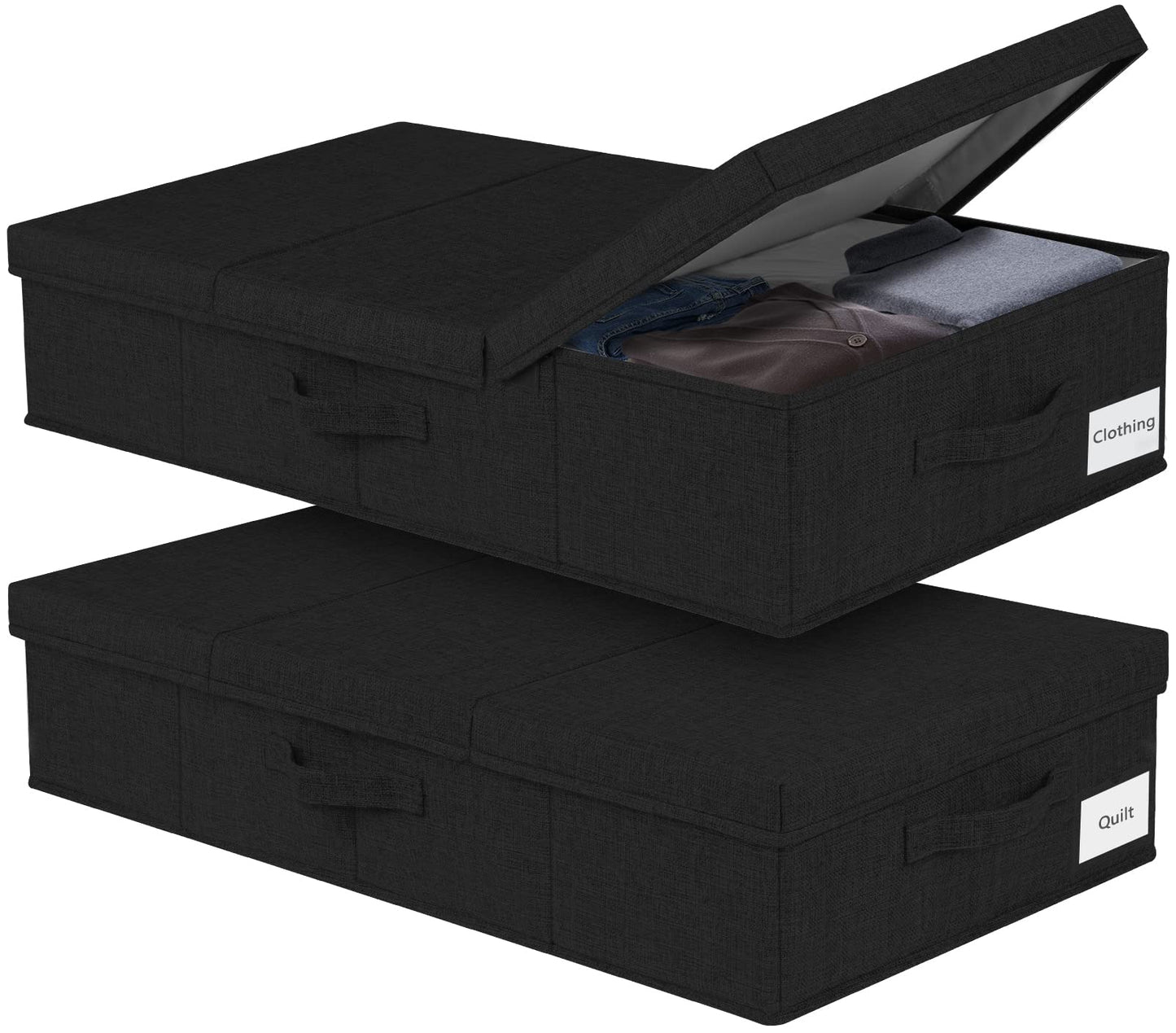 JUPELI Under Bed Storage Box with Lid, 2 Pack Large Underbed Storage Boxes, Foldable Black Under Bed Clothes Storage Box W/Handle, Under Bed Storage