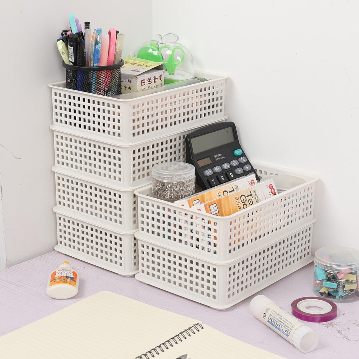 Eudokky 6-pack White Stackable Baskets, Small Shallow Storage Trays Baskets