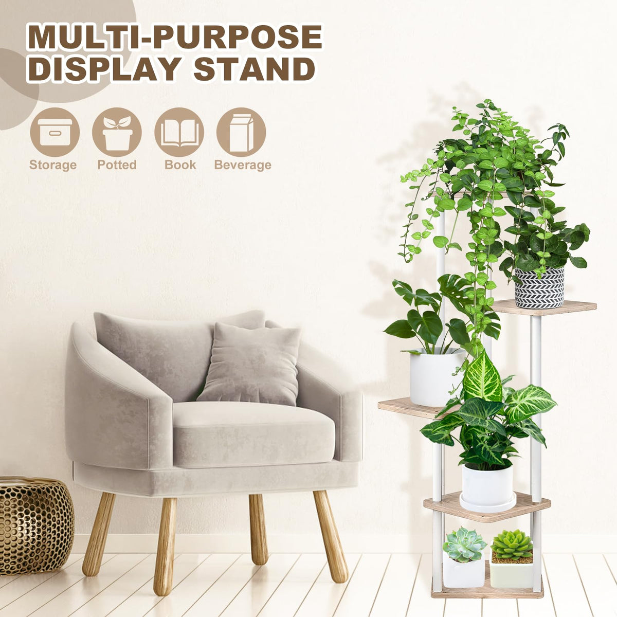 VASZOLA 5 Tier Wood Tall Plant Stand Metal Rack, Multiple Flower Pot Holder Shelves Corner Rack, Planter Shelf Display Rack Storage Organizer for
