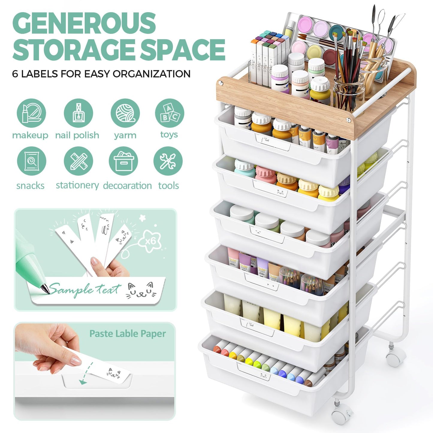 SYKIARIOL 6-Drawer Storage Cart, White