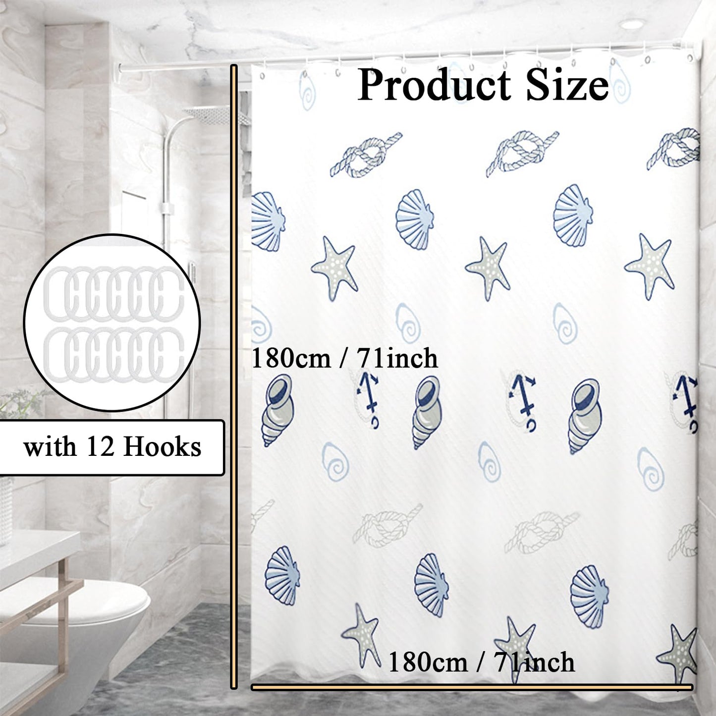 hzkais Shower Curtain, Mould Proof and Mildew Resistant Washable Bathroom Curtains, Shower Curtain for Bathroom, Bath Curtains with Hooks