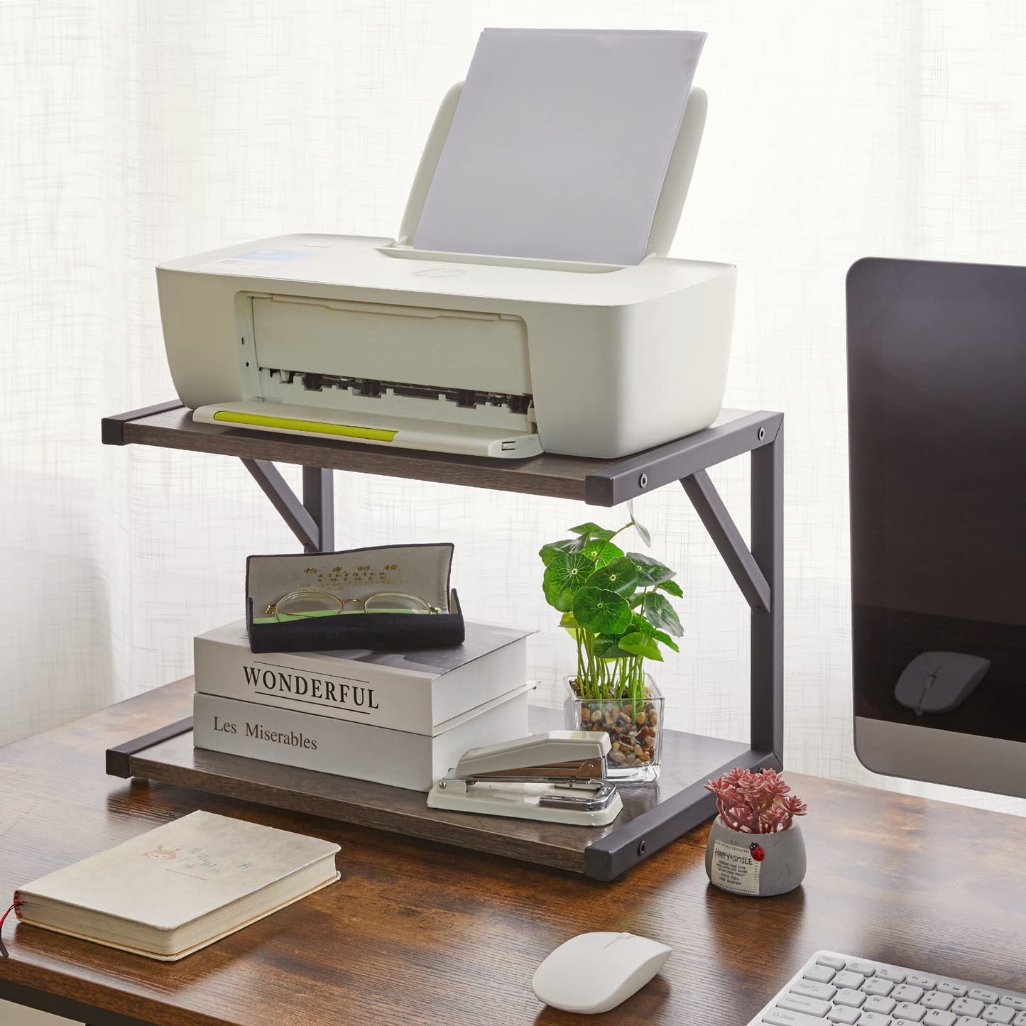 IBUYKE 2-Tier Desktop Printer Stand Holder, Multi-Purpose Desk Organizer Storage Shelf, Book Shelf Printer Shelf for Fax Machine, Scanner, Files