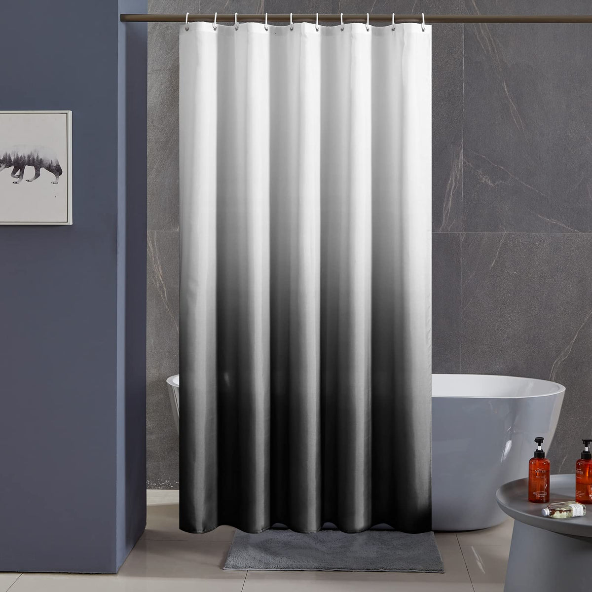 Furlinic Extra Wide Shower Curtain Waterproof Mould Proof Resistant Gradient White to Black Bath Curtains Fabric 240x200cm for Wetroom 94x78 Inch.