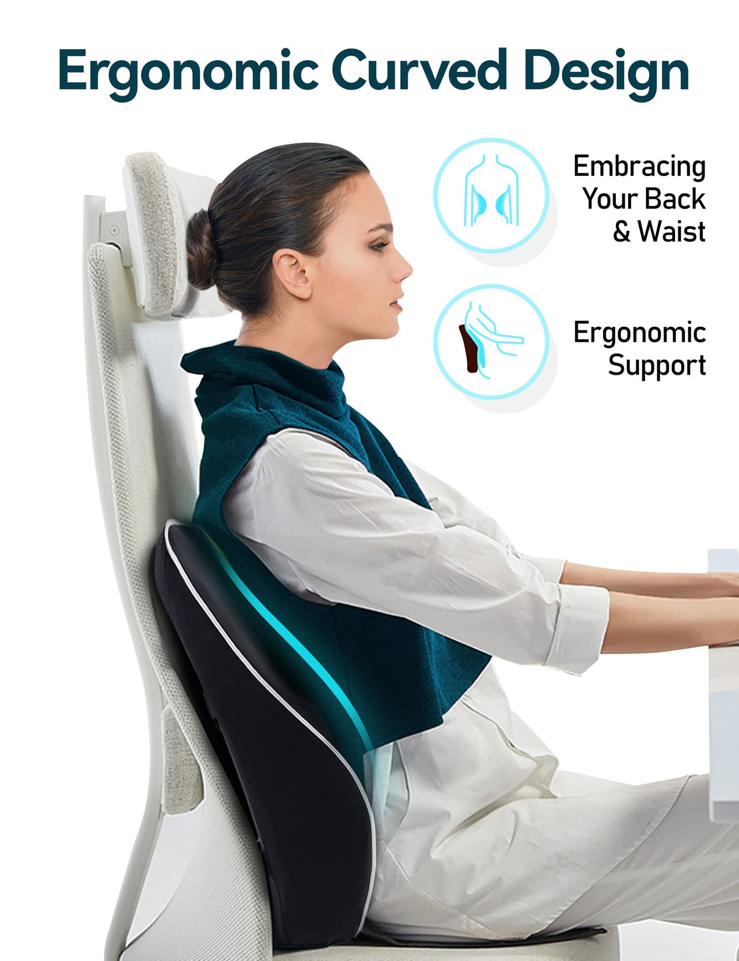 Travel Ease Ergonomic Lumbar Support Cushion, Memory Foam Back Support Cushion for Office Chairs with Skin-friendly Cover for Comfort (Black)