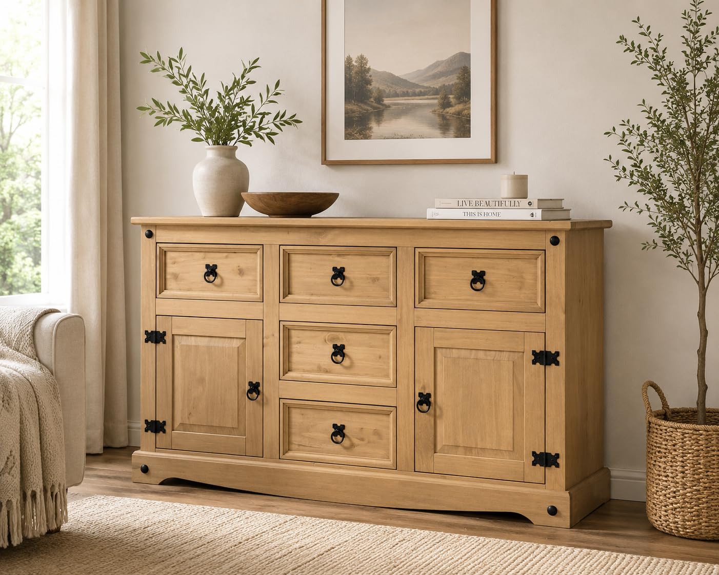 Corona Sideboard 5 Drawer 2 Door Large Cupboard Wide Mexican Solid Pine Wood with Wax Finish and Black Metal Hardware 76cm H x 125cm W x 40cm D