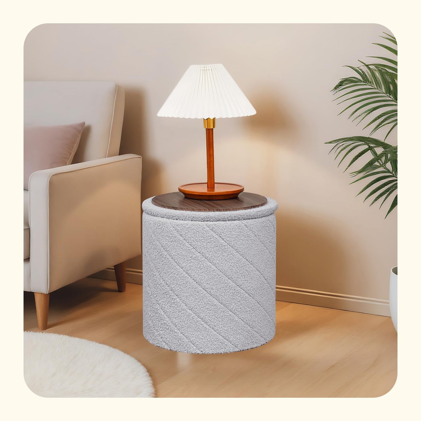 PINPLUS Round Ottoman Storage Box, Folding Stool, Grey, 43x43x45 cm