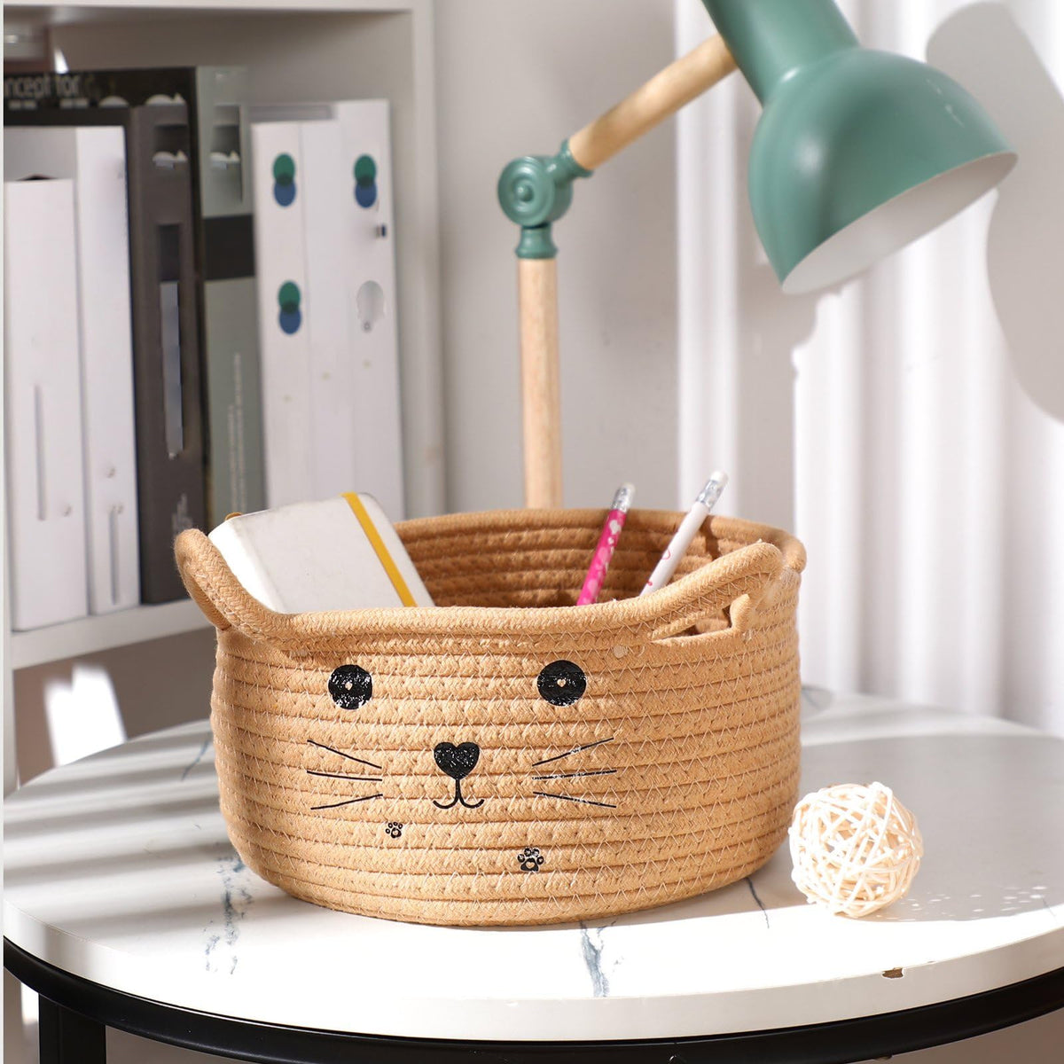 Zopeal Cat Basket Storage Woven Organizer with Ears Easter Decorative Gift Pet Toy Cute Cotton Rope Basket for Gift Cat Dog Toy Bin Nursery Room