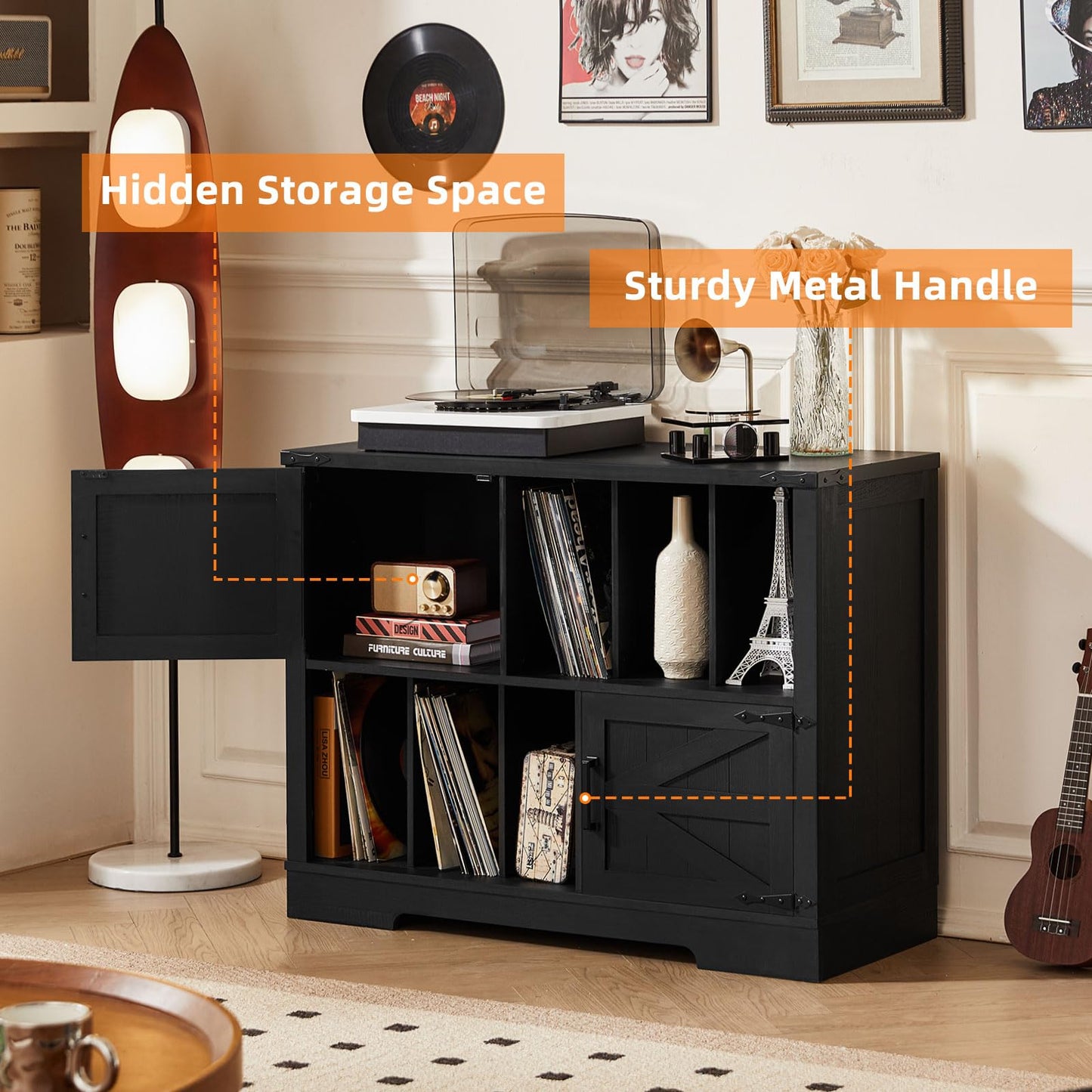 LELELINKY Record Player Stand with Storage, 1m Farmhouse Vinyl Cabinet