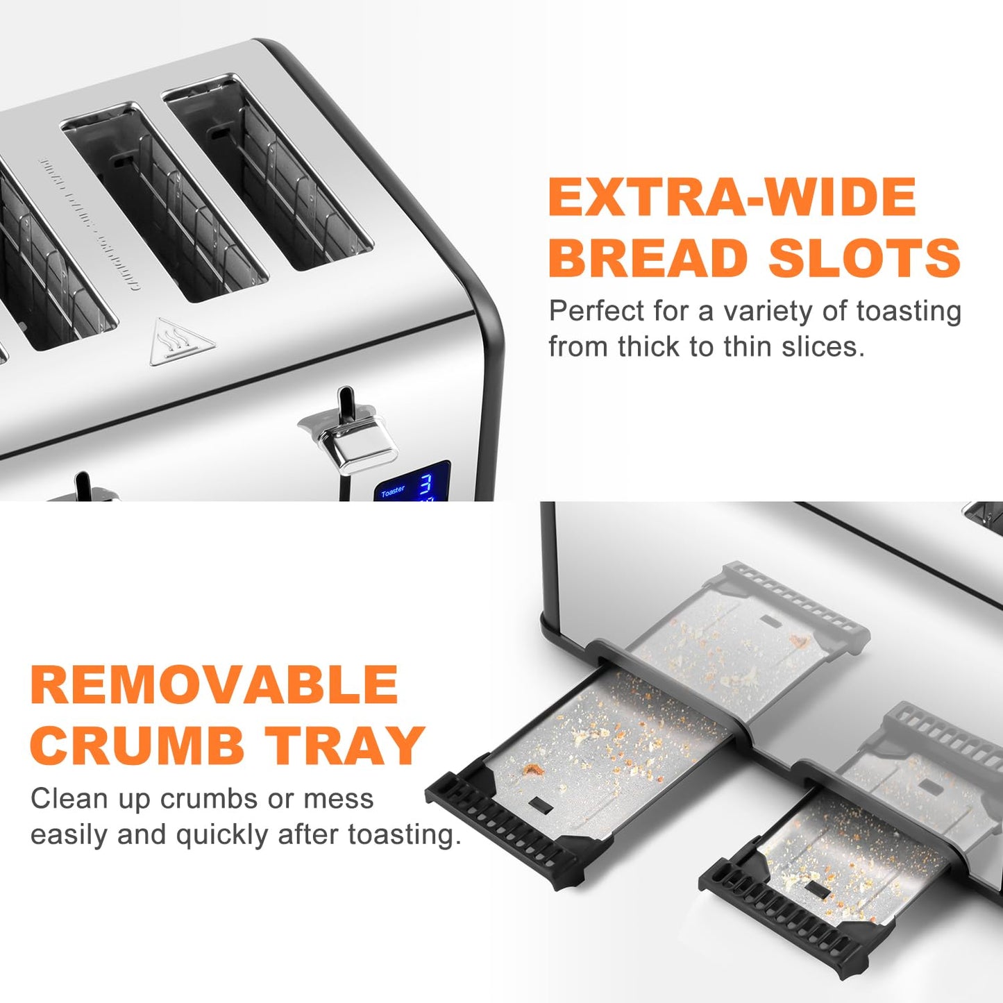 Toaster 4 Slices, Cusimax Stainless Steel Toaster with Ultra-Clear LED Display & 4 Extra-Wide Slots, Defrost/Reheat/Cancel Function, 6 Browning