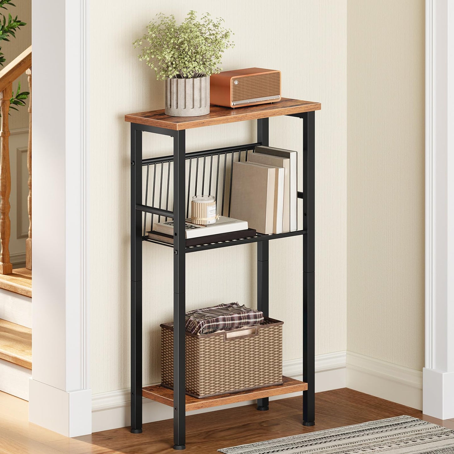 HOOBRO 3-Tier Slim Console Table with Adjustable Mesh Shelf, Slim Hallway Table with Adjustable Feet, Small Console Table for Hallway, Living Room