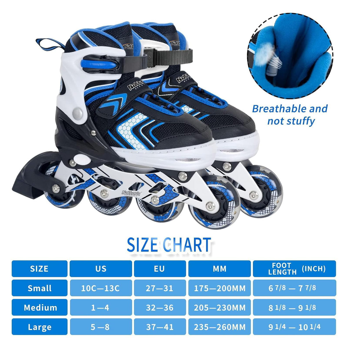Nattork Boys Roller Skates with Full Light up Wheels, Adjustable Beginner Inline Skates for Boys Big Kids, Blue, Kids Size 1-3 1 2 3