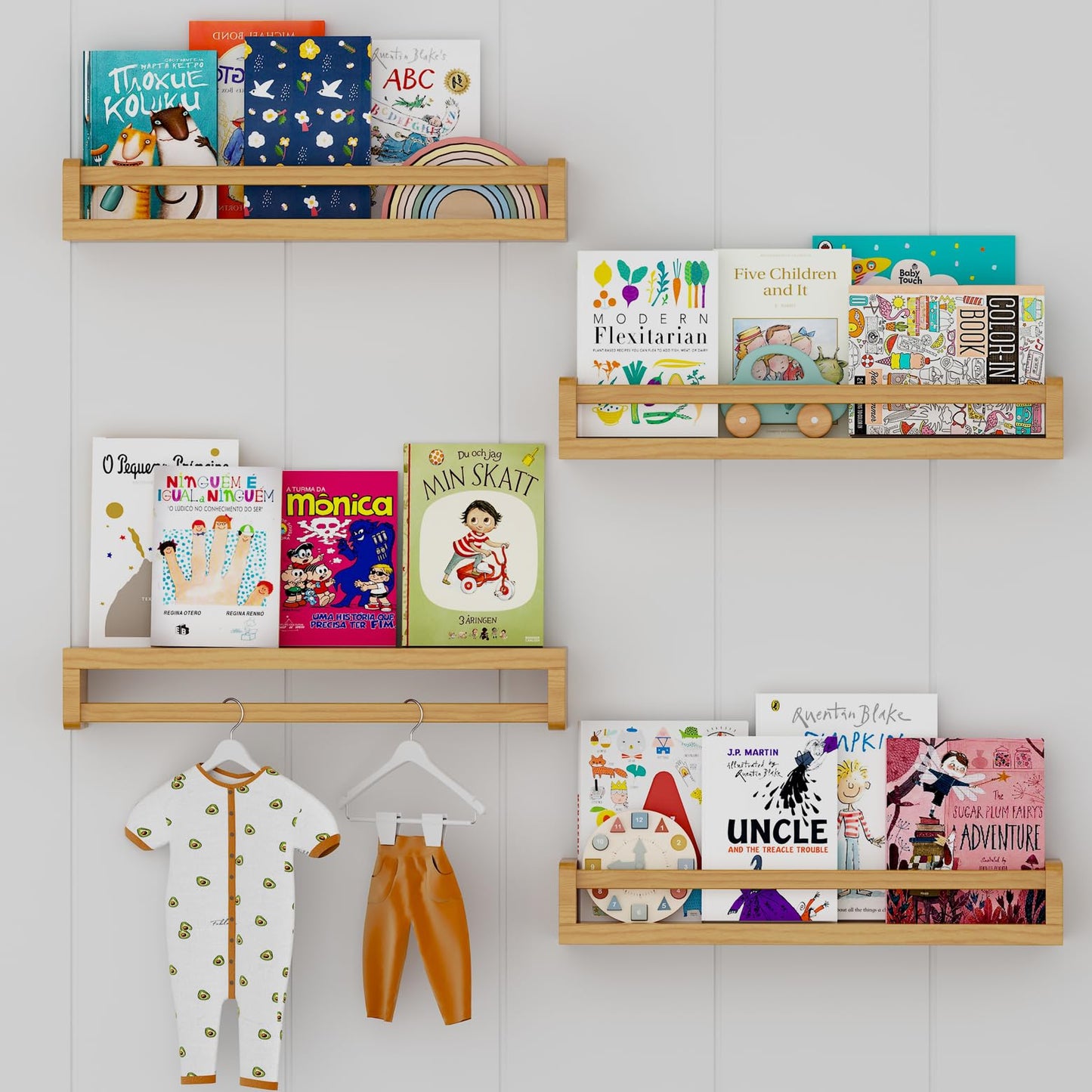 Gieanoo Nursery book shelf, Set of 4 Floating Shelves Solid Natural Wood 40cm bookshelf kids room Wall Mounted baby floating book shelves decor for