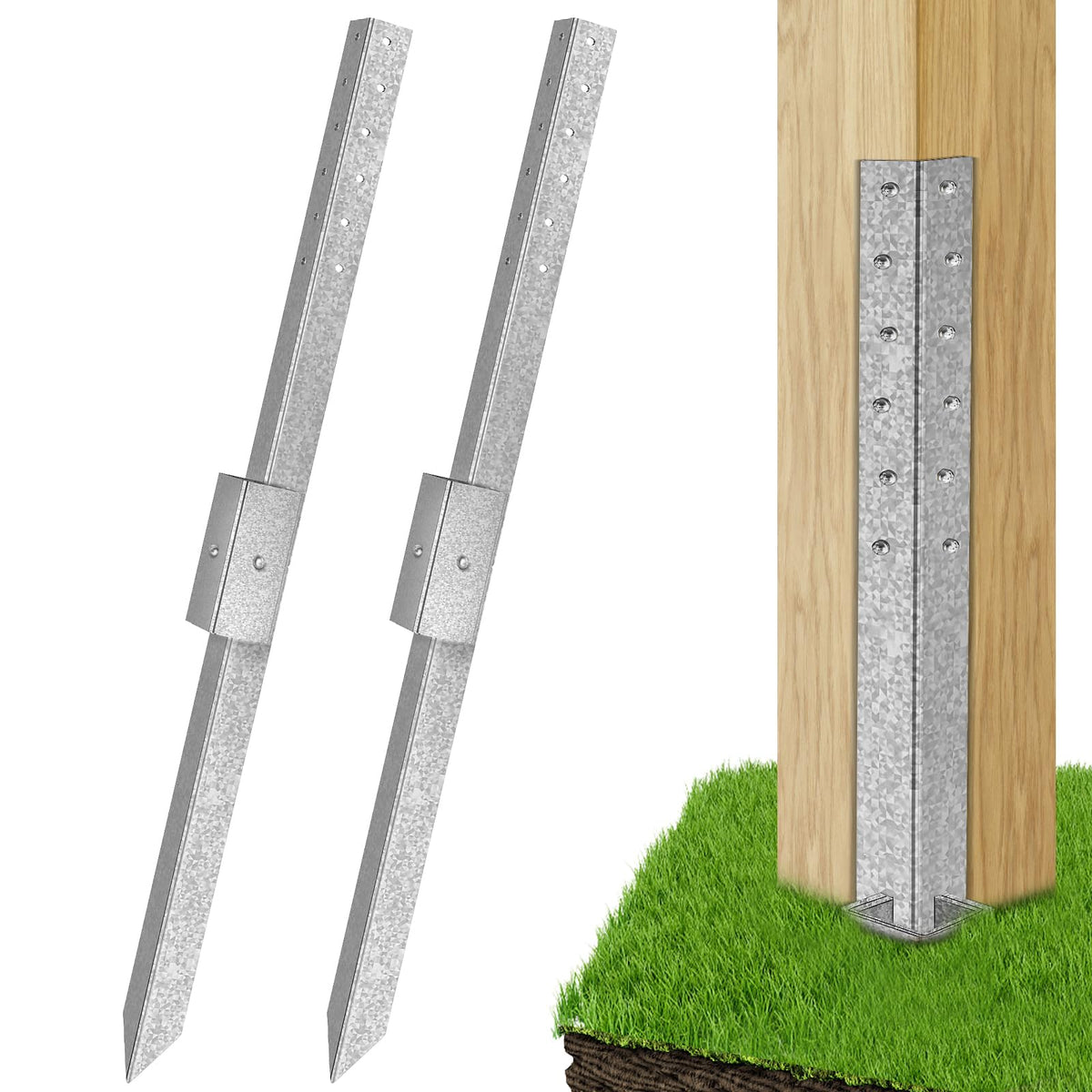 Pack of 2 Fence Post Repair - New Upgraded Fence Post Anchor Ground Spike for Repair Tilted/Broken Wood Fence Post, Easy to Install & Double Firm