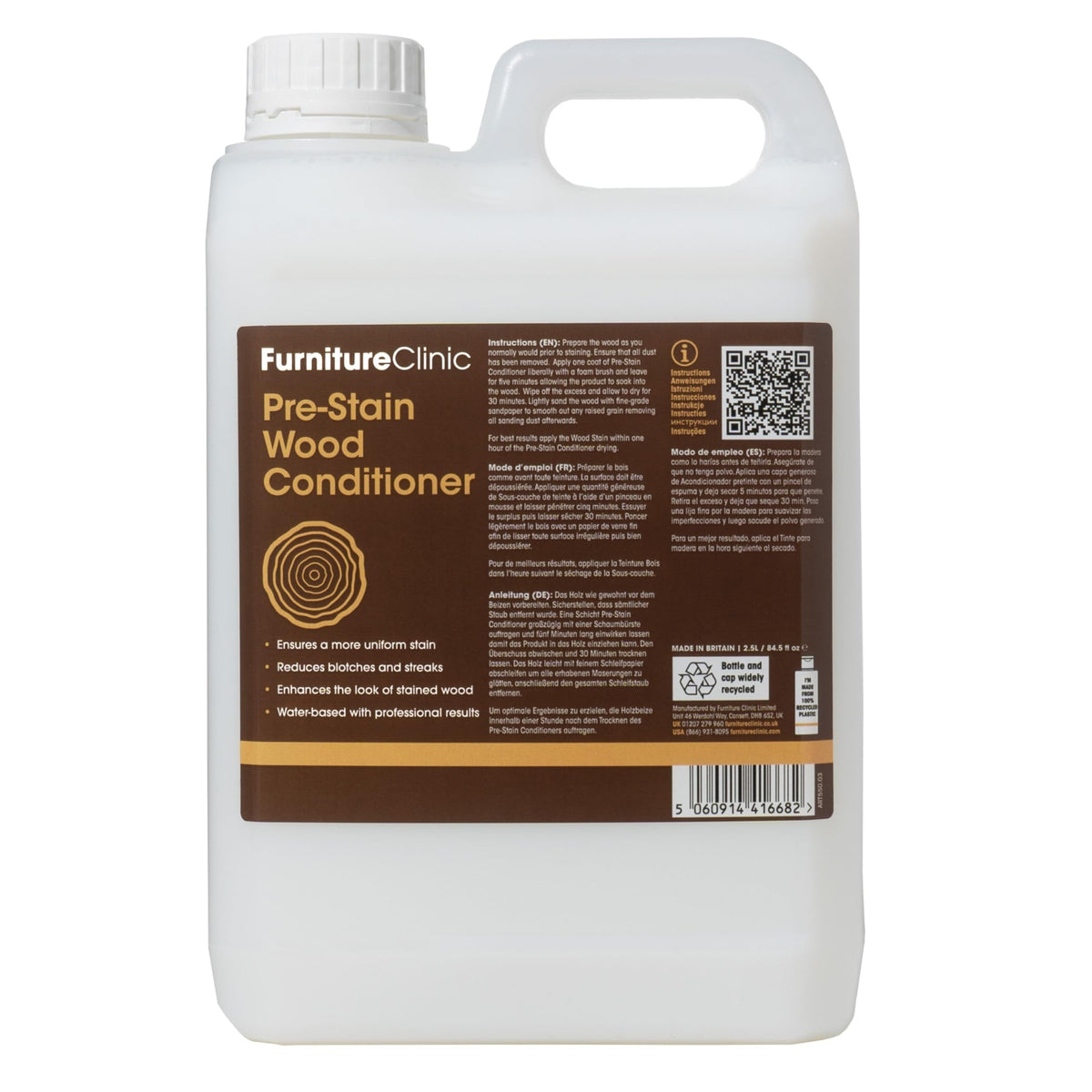 Furniture Clinic Pre-Stain Wood Conditioner - Water-Based - Indoor and Outdoor Use - Low Odour and Non-Toxic ? Use Before Staining Wood 2.5L