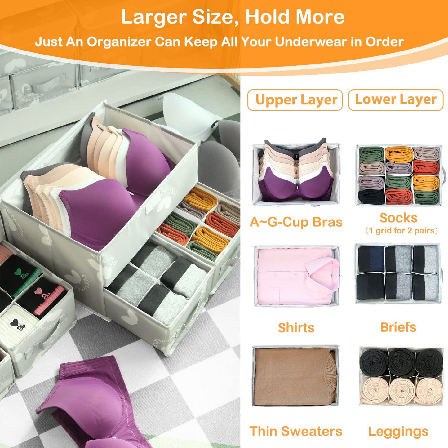 EASEVE 2 Pack Sock Underwear Drawer Organiser with Lid - Wardrobe Clothes Storage Boxes with Dividers, Foldable Fabric Closet Organizer for Bra, Sock