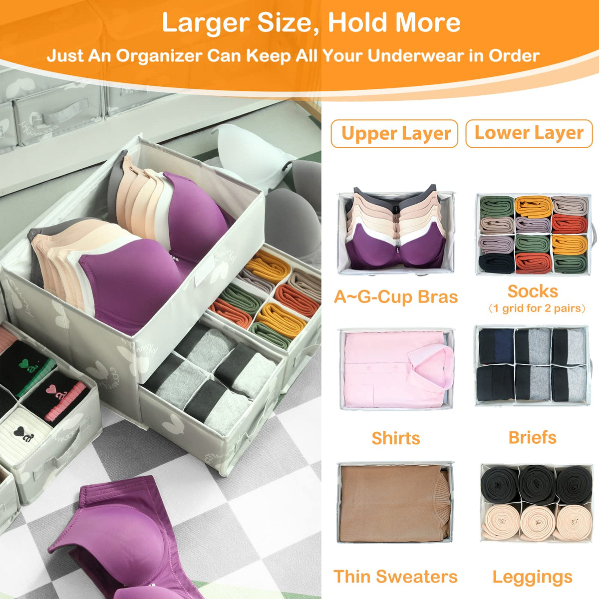 EASEVE Sock Underwear Drawer Organiser with Lid - Wardrobe Clothes Storage Boxes with Dividers, Foldable Fabric Closet Organizer for Bra, Sock, Shirt