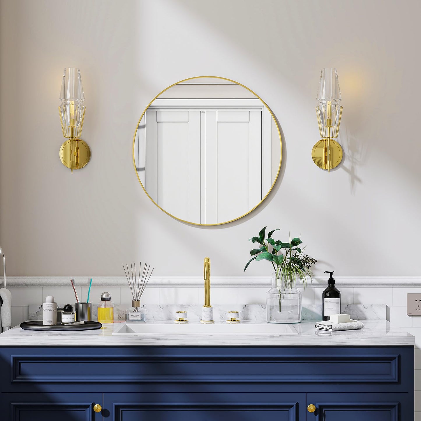 Koonmi 50 cm Gold Round Mirror, Circle Wall Mirror with Aluminum Alloy Frame, Classic Round Mirror for Bathroom over the Sink, Modern Hanging Hallway