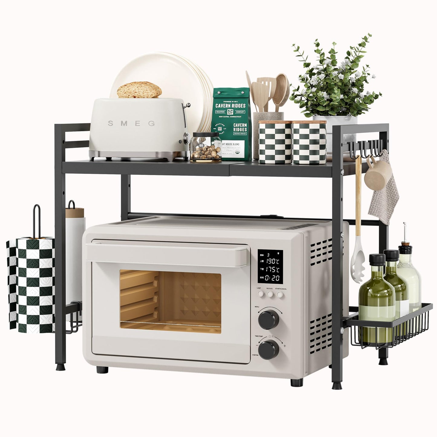NETEL Expandable Microwave Shelf, 2-tier Microwave Oven Rack with Spice Basket, Kitchen Roll Holder & 4 Hooks, Countertop Organiser