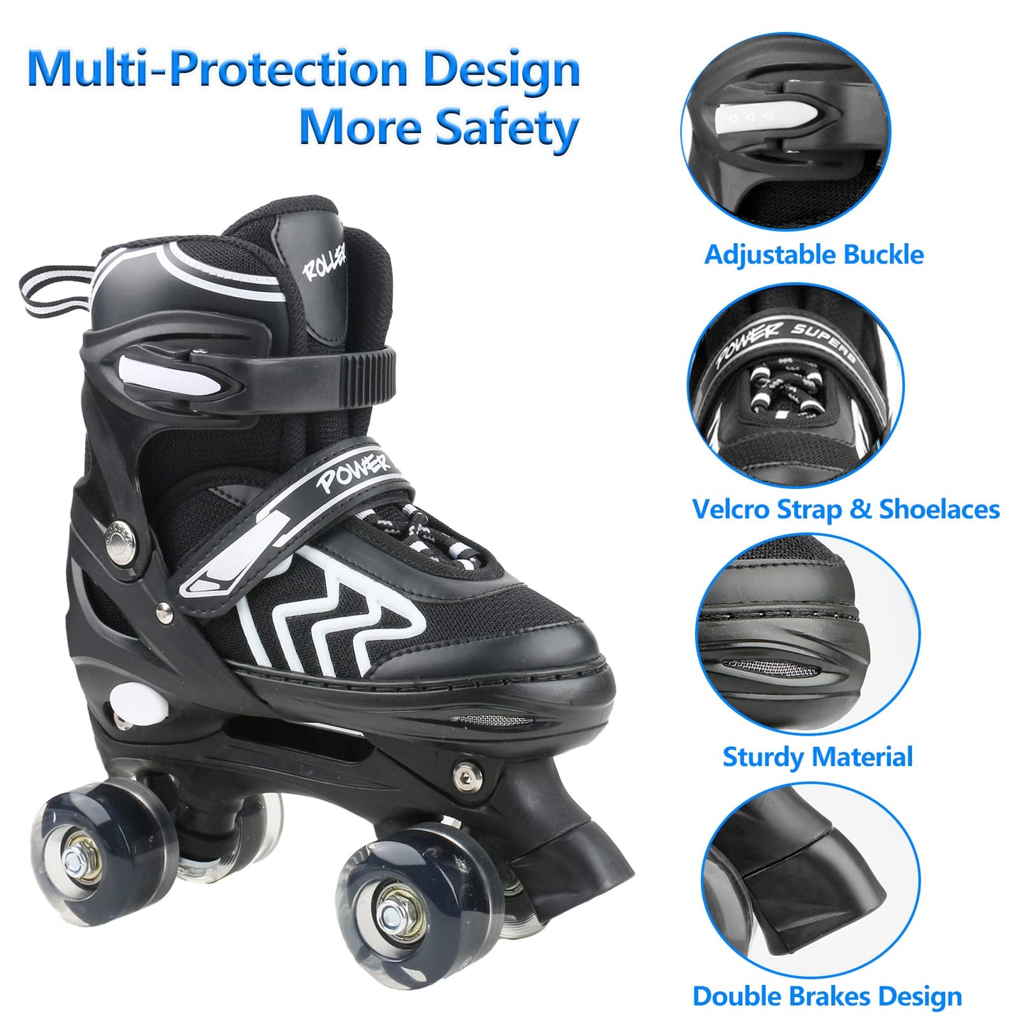 Kids Roller Skates for Boys Girls Children Beginners, 4 Sizes Adjustable Roller Skates for Child Toddler Ages 4-6-12 with 8 Light up Wheels (Large -
