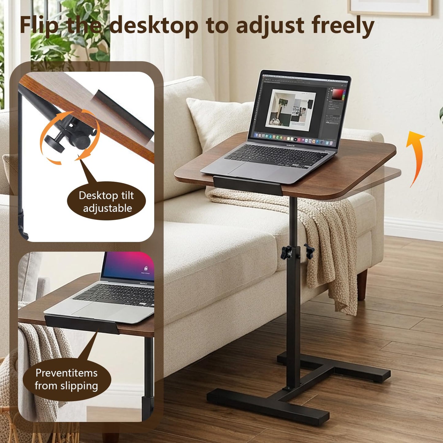 Simcat C Shaped Side Table Adjustable Height,360°Swivel Overbed Table, Top Tilting Laptop Stand Tray Tables with Wheels