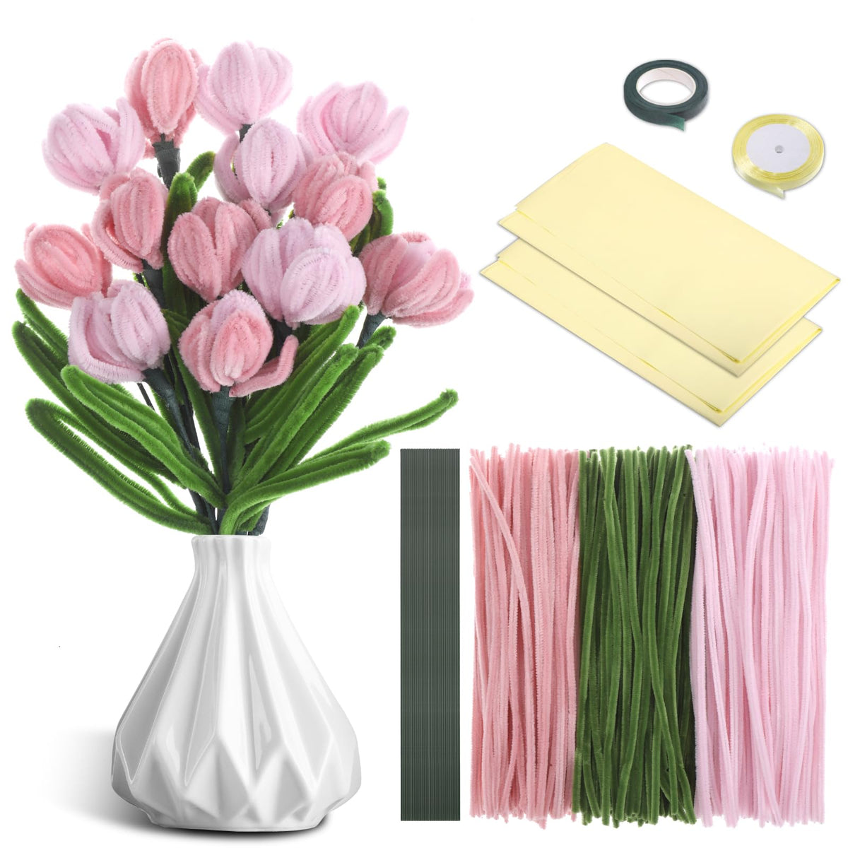 Starvortex 320-Piece Pipe Cleaners for Crafts, Flowers, Pink Tulip Pipe Cleaner, Craft Set with Florist Crepe, 30 cm Flexible Thickened Chenille Wire,